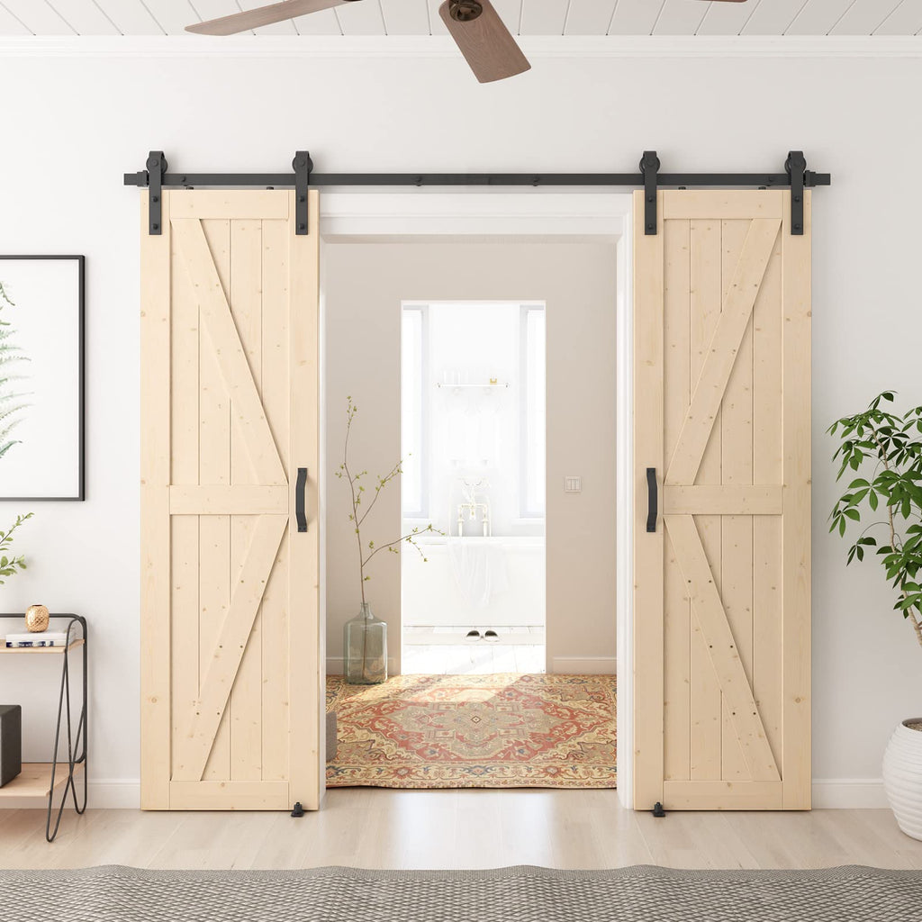 SmartStandard 24in x 80in Sliding Barn Wood Door Pre-Drilled Ready to Assemble, DIY Unfinished Solid Spruce Wood Panelled Slab, Interior Single Door Only, Natural, K-Frame (Fit 4FT Rail)