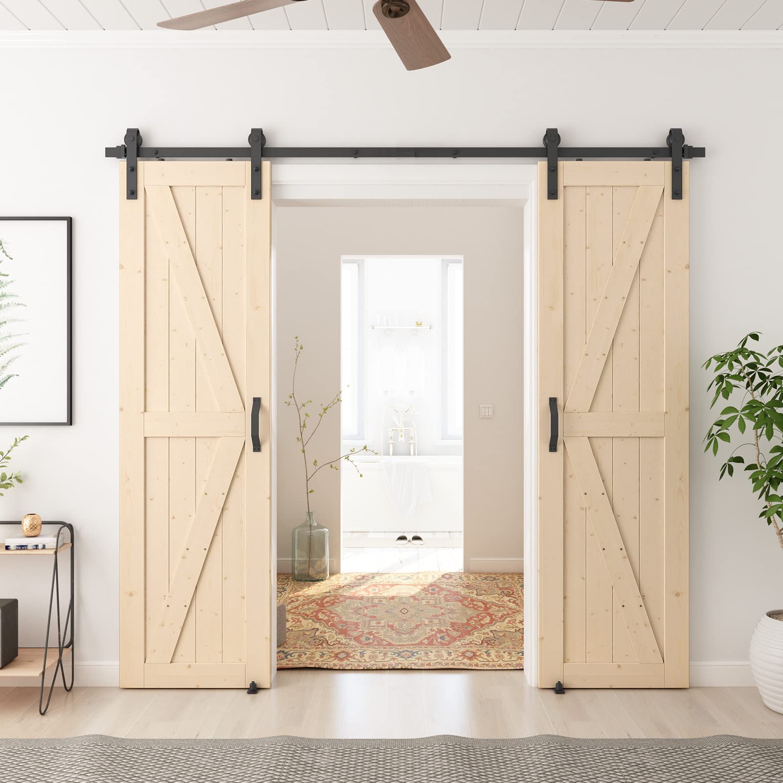 SmartStandard 24in x 80in Sliding Barn Wood Door Pre-Drilled Ready to Assemble, DIY Unfinished Solid Spruce Wood Panelled Slab, Interior Single Door Only, Natural, K-Frame (Fit 4FT Rail)