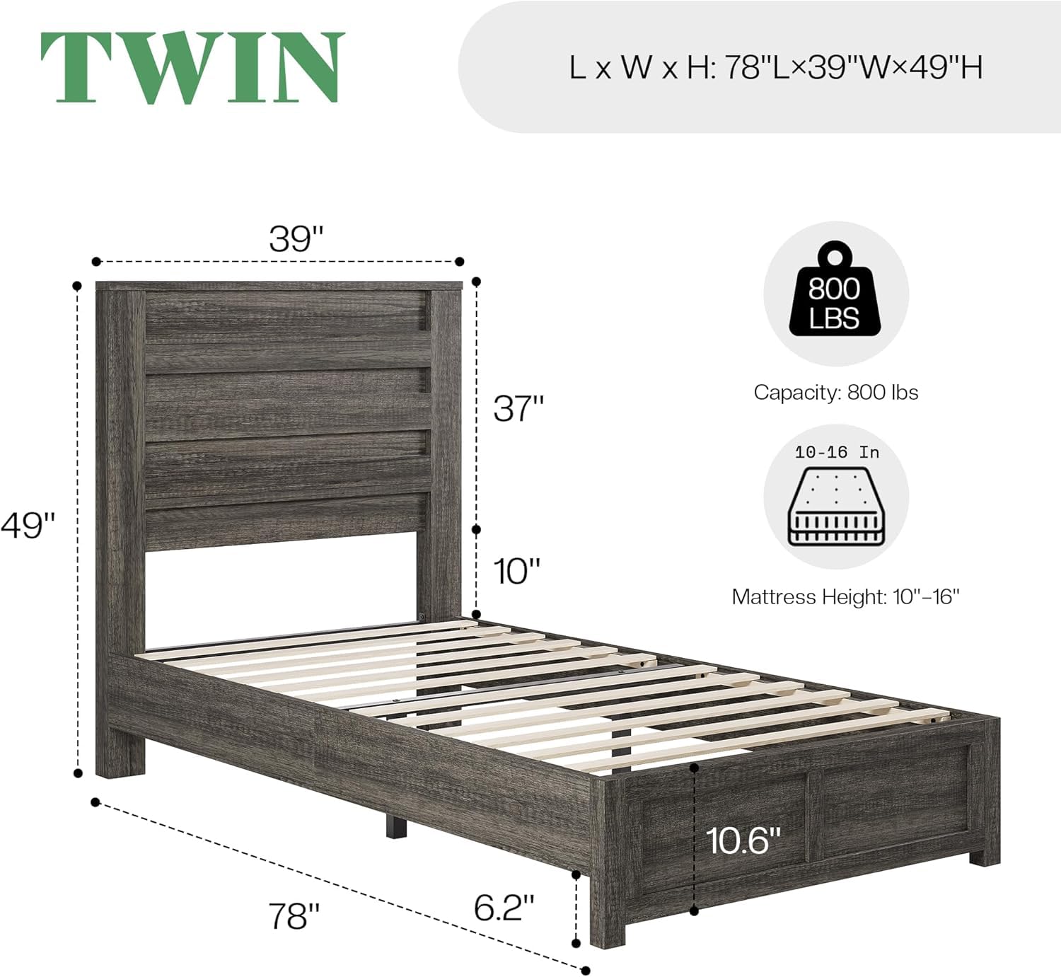 AMERLIFE Farmhouse Full Size Bed Frame with 49" Fluted Headboard, Wood Platform Bed with Natural Grain, No Box Spring Needed/Noise Free, Black