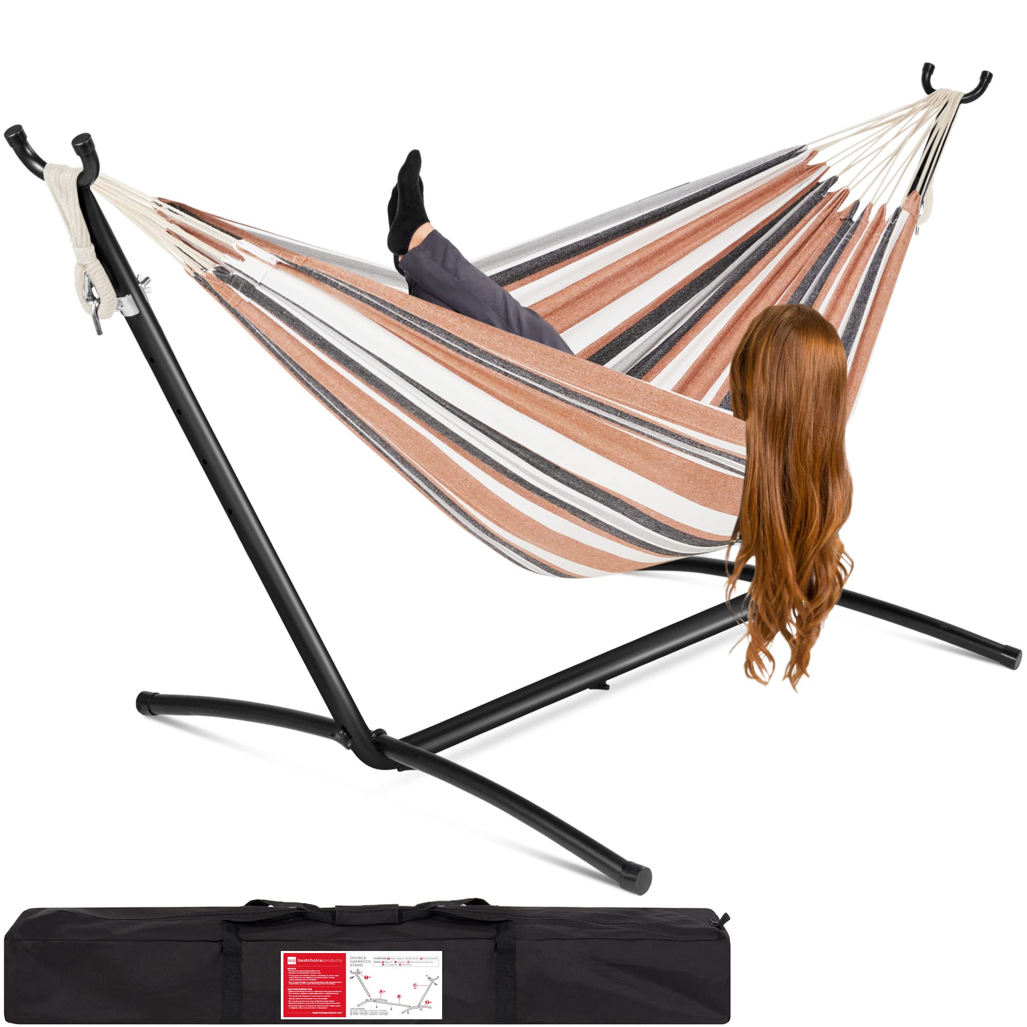 Best Choice Products Double Hammock with Steel Stand, Indoor Outdoor Brazilian-Style Cotton Bed w/Carrying Bag, 2-Person Capacity - Abyss