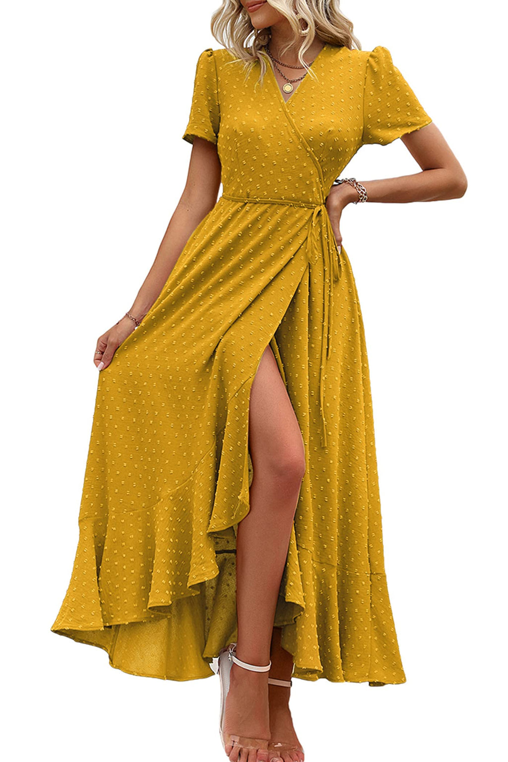 PRETTYGARDEN Women's Boho Floral Maxi Dress Summer Short Sleeve Wrap V Neck Long Flowy Beach Vacation Wedding Guest Dresses
