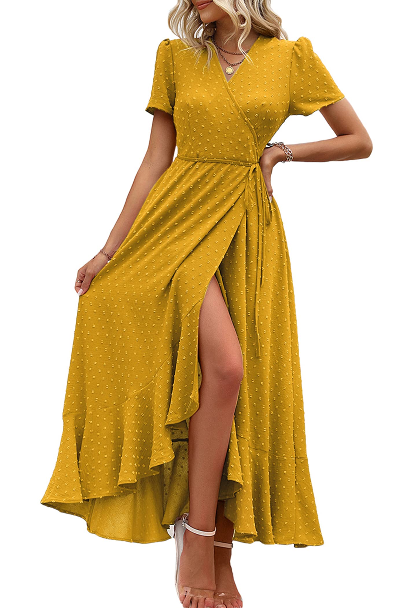 PRETTYGARDEN Women's Boho Floral Maxi Dress Summer Short Sleeve Wrap V Neck Long Flowy Beach Vacation Wedding Guest Dresses