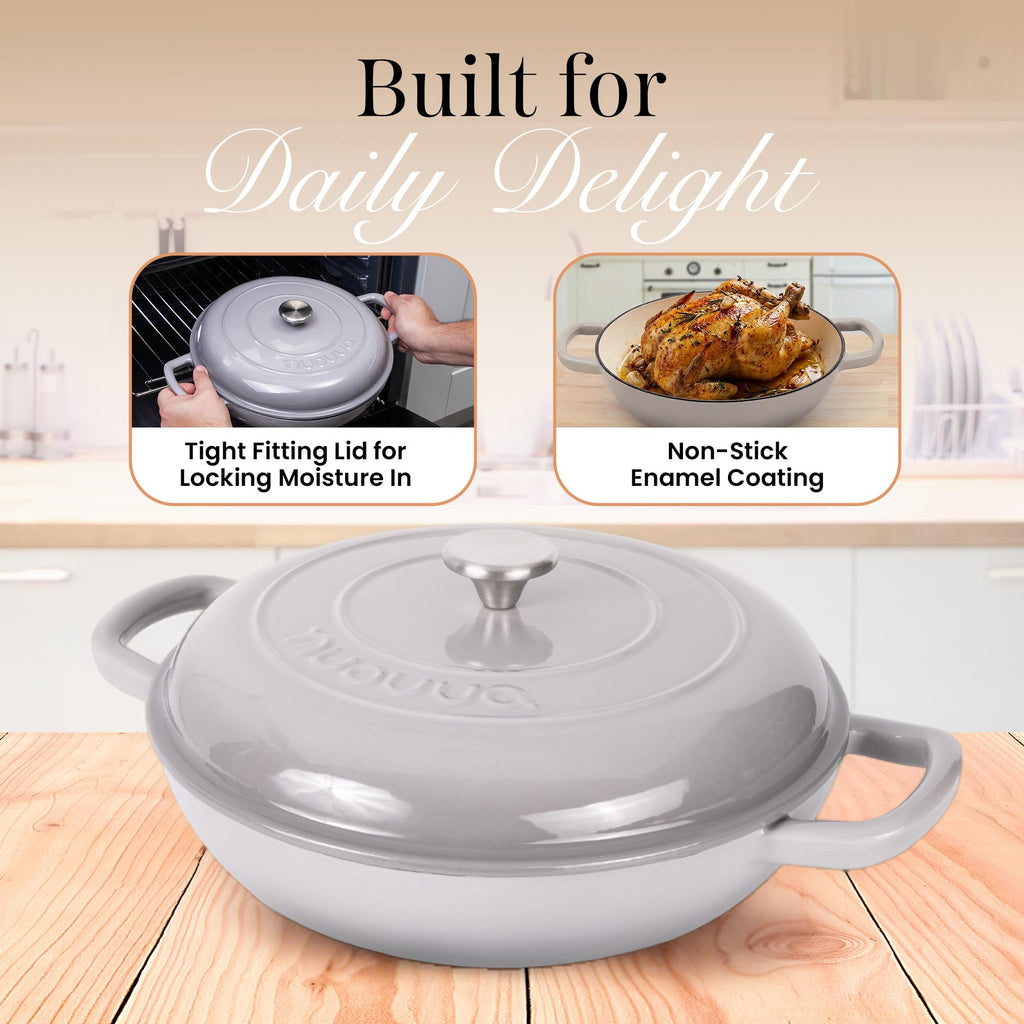 Shallow Cast Iron Casserole with Lid – Non Stick Dutch Oven Pot, Oven Safe up to 500° F – Sturdy Ovenproof Stockpot Cookware – Enamelled Cooking Pot – Black, 5-Quart, 32cm – by Nuovva