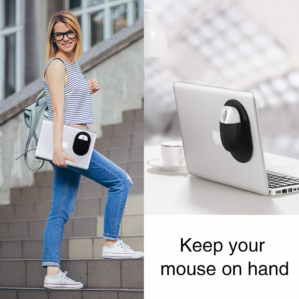 Epessa Universal Stick-On Mouse Pouch, Holder for Wireless Mouse, Sleeve for Laptop, Reusable Adhesive, No Glue Residue, Compatible with iPad or MacBook (Black)