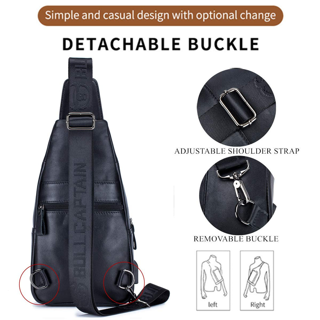 BULLCAPTAIN Genuine Leather Sling Bag for Men XB-129 | USB Charging Port, Multi-pocket, Chest Bag, Hiking Travel Daypack