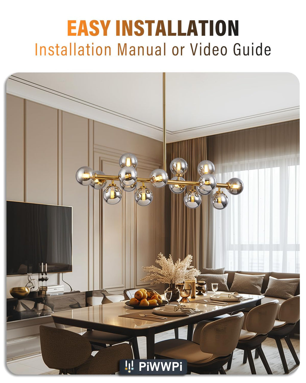 Modern Linear Chandeliers for Dining Room, 8-Light Globe Sputnik Pendant Ceiling Light, Black Dining Room Light Fixture Over Table, Mid Century Glass Milk White Bubble, 31.5 Inch, GC-09