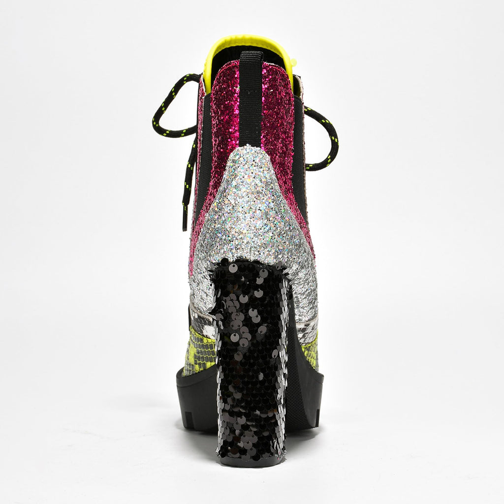 Cape Robbin Nell Heeled Boots for Women Sparkly Sequin Platform Chelsea Boots Women - Chunky Block Heels with Sequined Tongue and Heel - Stylish Glitter Ankle Boots for Women