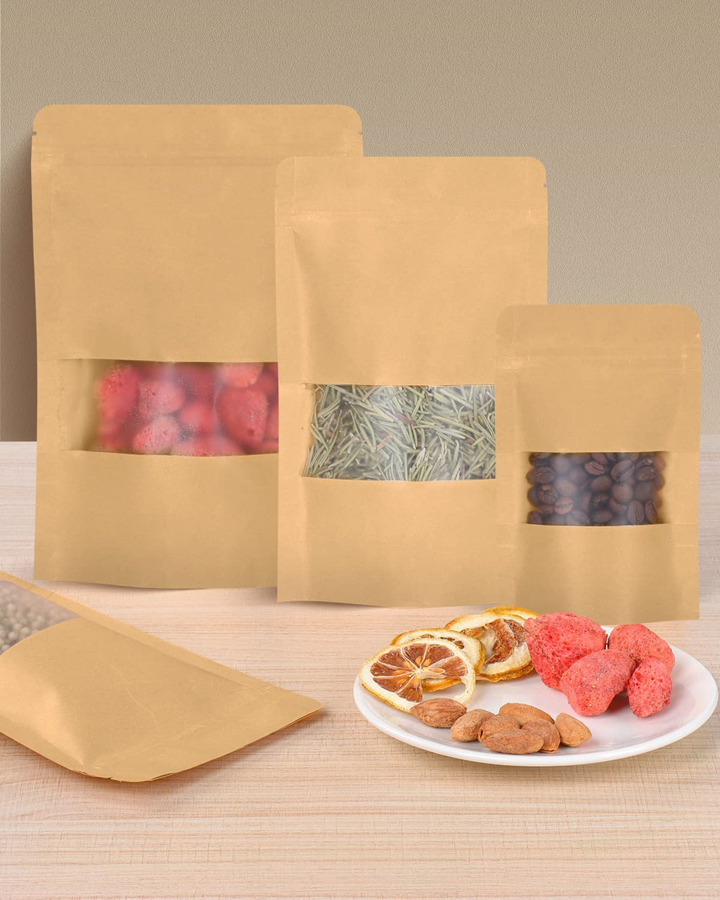 50pcs Kraft Bags with Window 3.5x5.5 Inches Brown Reusable Sealable Zip Lock Food Storage Stand up Paper Pouches for Home or Business