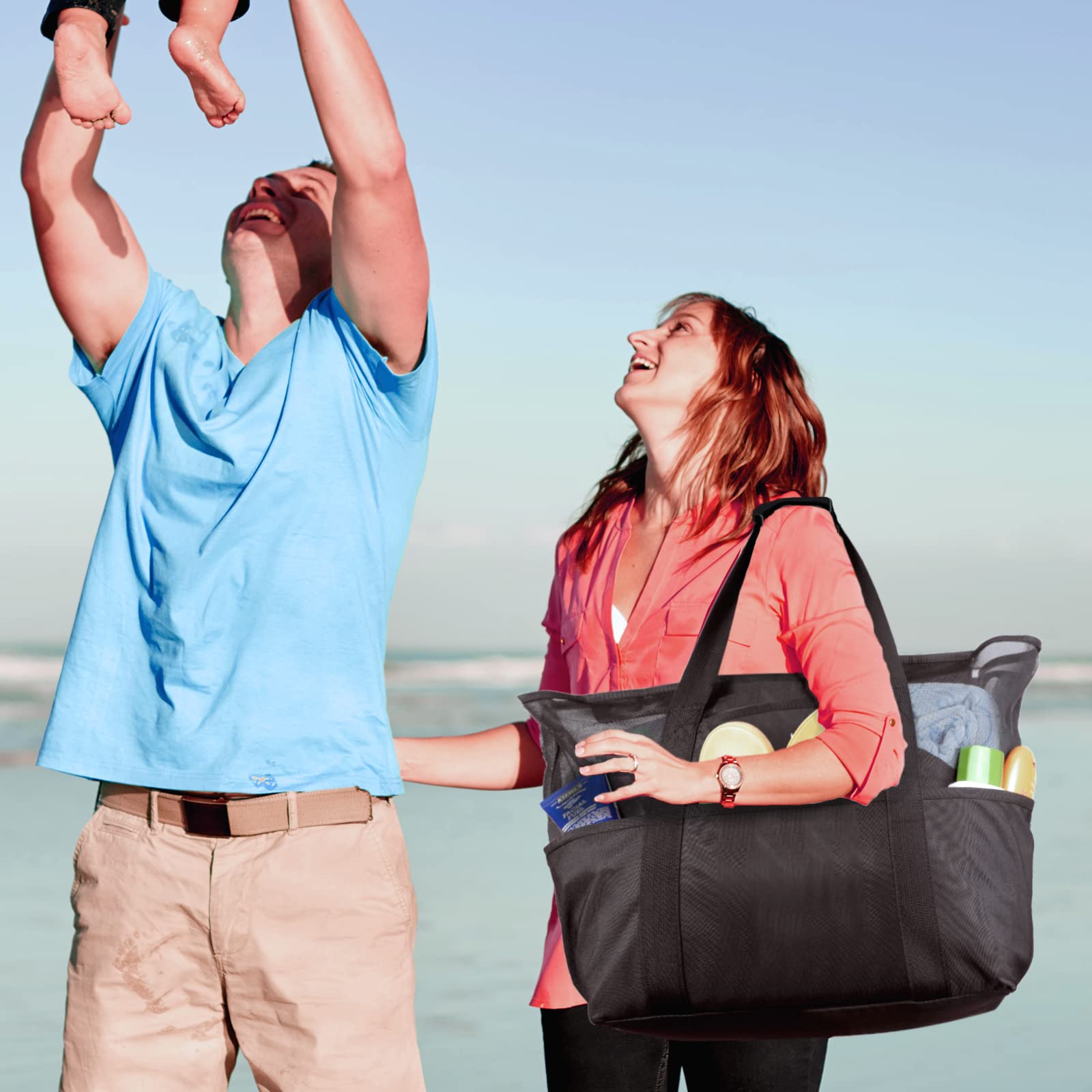 Mesh Beach Bag - Large Waterproof Beach Tote Bag with Zipper, Oversized Foldable Lightweight Family Swim Bag Vacation