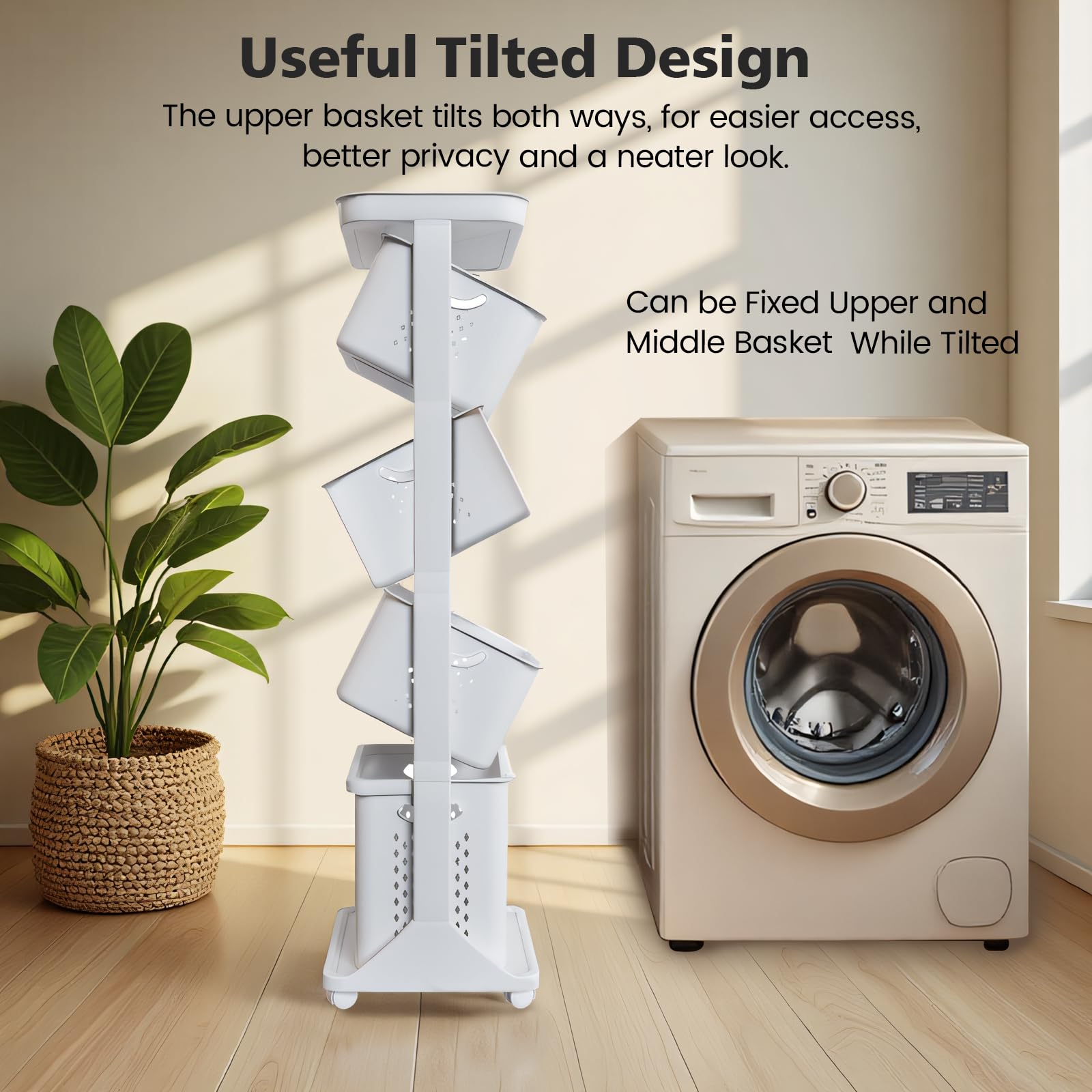 BAOKALER Rolling Laundry Hamper Cart with Wheels, 3 Tier White Laundry Baskets, Clothes Hamper with Portable Storage Baskets for Kitchens, Bathrooms, Bedrooms, Classrooms, Laundry Rooms(75L)