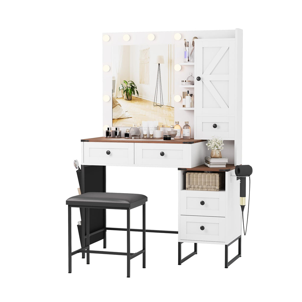 YIKEHOME Makeup Vanity Desk with Mirror and 10 Lights, 3-Colour Hollywood Brighter Bulbs, Vanity Table Set with Large Drawers and and Charging Station for Bedroom Dressing Room White