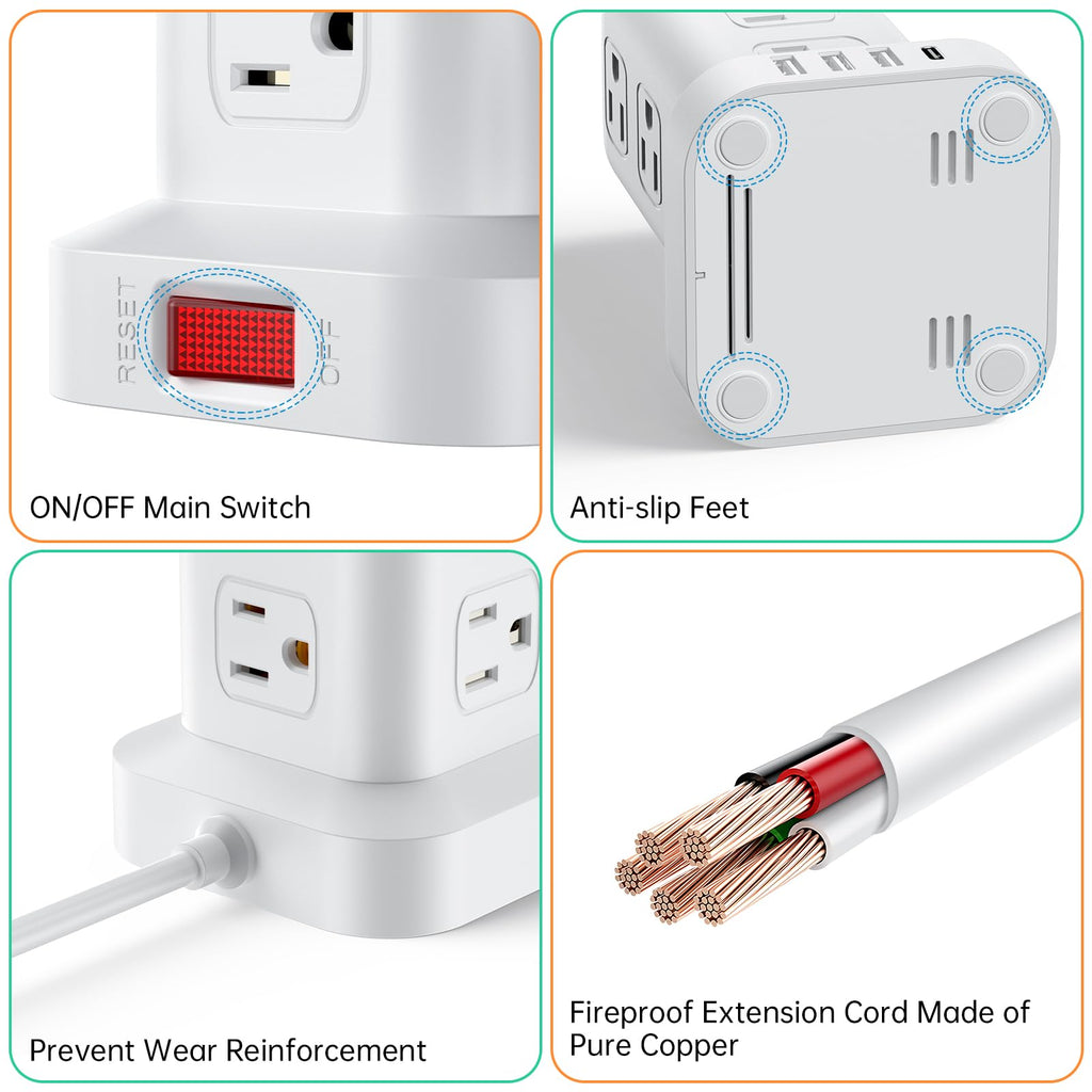 Tower Surge Protector Power Strip with 12 Outlets 4 USB (1 USB C), 6.5Feet Extension Cord with Multiple Outlets, Charging Station, Power Strip Tower, Office Desk Supplies