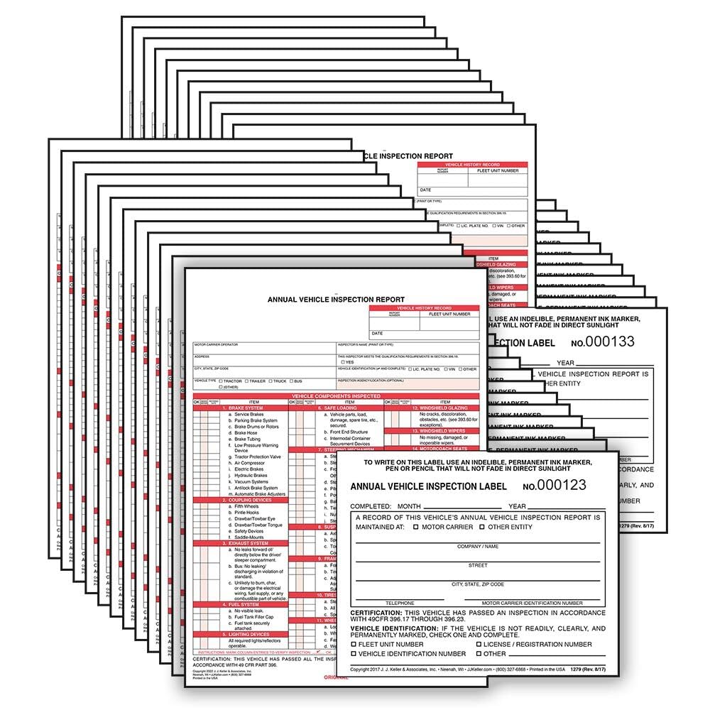 J. J. Keller 25-Pack, Annual Vehicle Inspection Report Form & Adhesive Vinyl Label 2-Ply, 3-Ply Carbonless Form, Prenumbered, DOT Compliant
