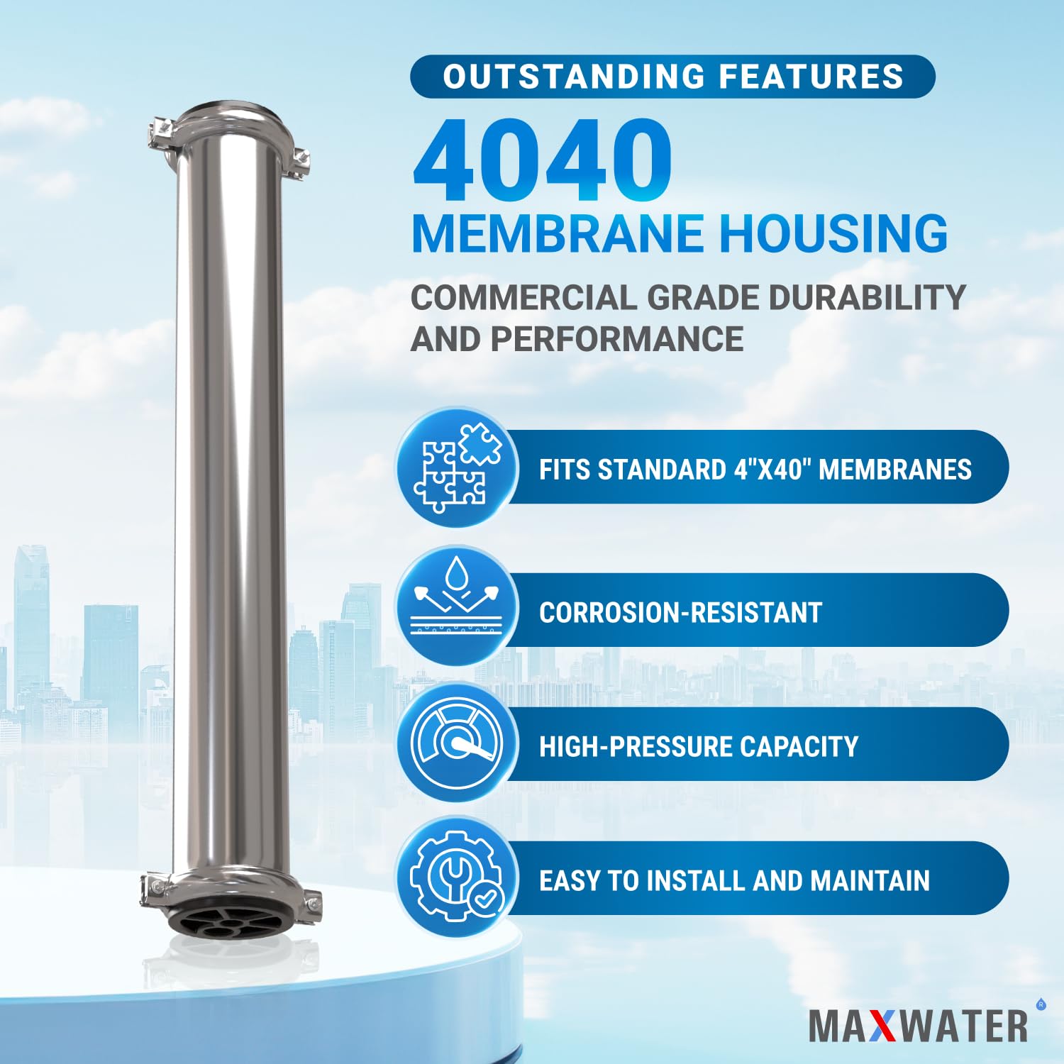 Max Water 4" x 40" BW-4040 / TW30-4040 2400 GPD Brackish Water RO Membrane Perfect for Car Wash, Whole House & Industrial Applications