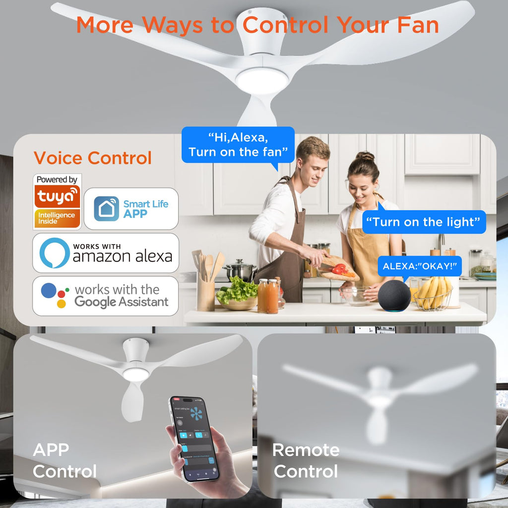 TALOYA Ceiling Fans with Lights,42 inch Modern Low Profile Ceiling Fan with Light and Remote Control, Flush Mount, 3CCT, White Ceiling Fan for Bedroom Living Room and Patio