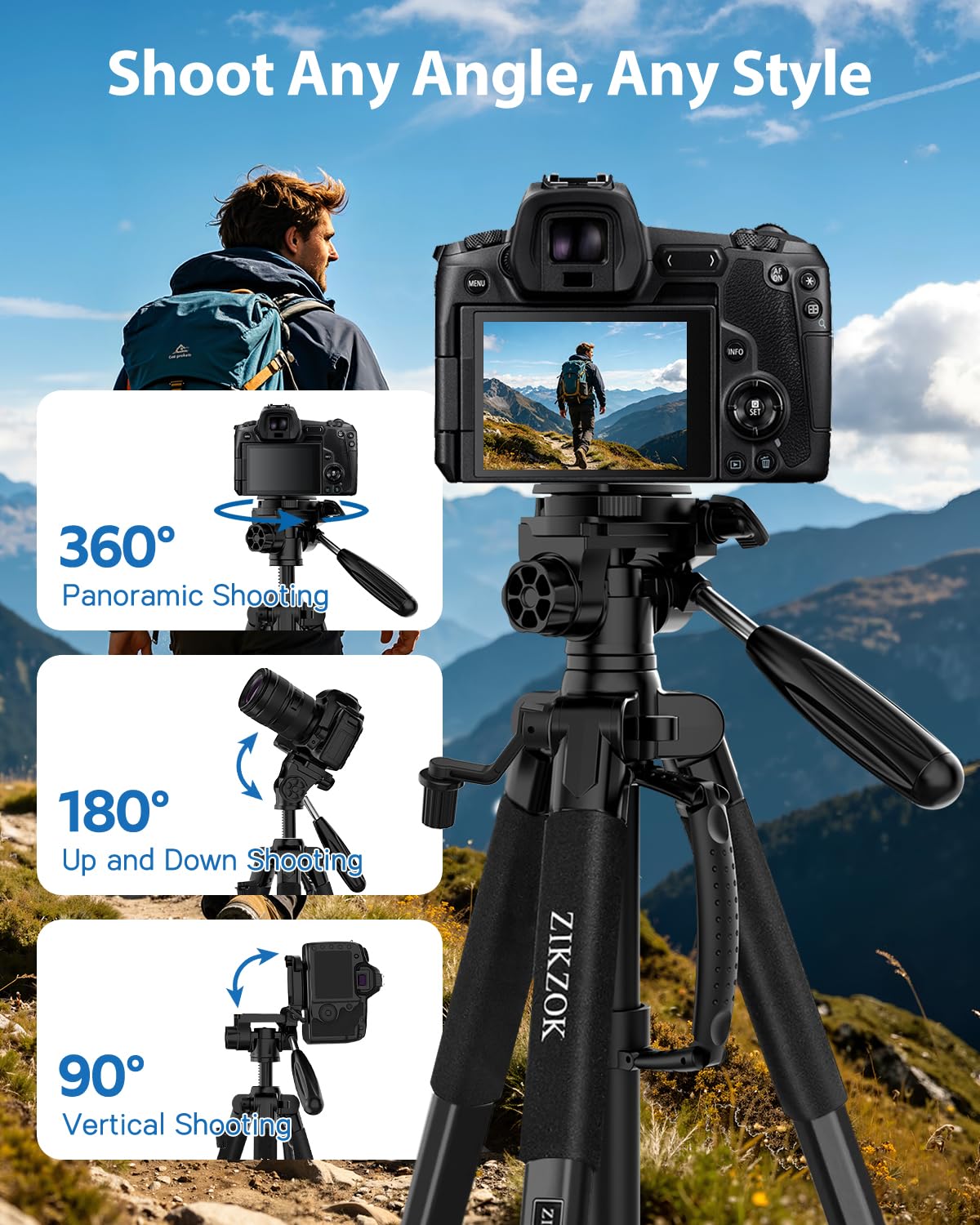 75" Camera Tripod, Aluminum Heavy Duty Camera Stand for ipad Phone, Travel Tripod with/Carry Bag/Phone Tablet Holder, Compatible with Canon Nikon Sony DSLR, Spotting Scopes, Max Load 15 Lb(Black)