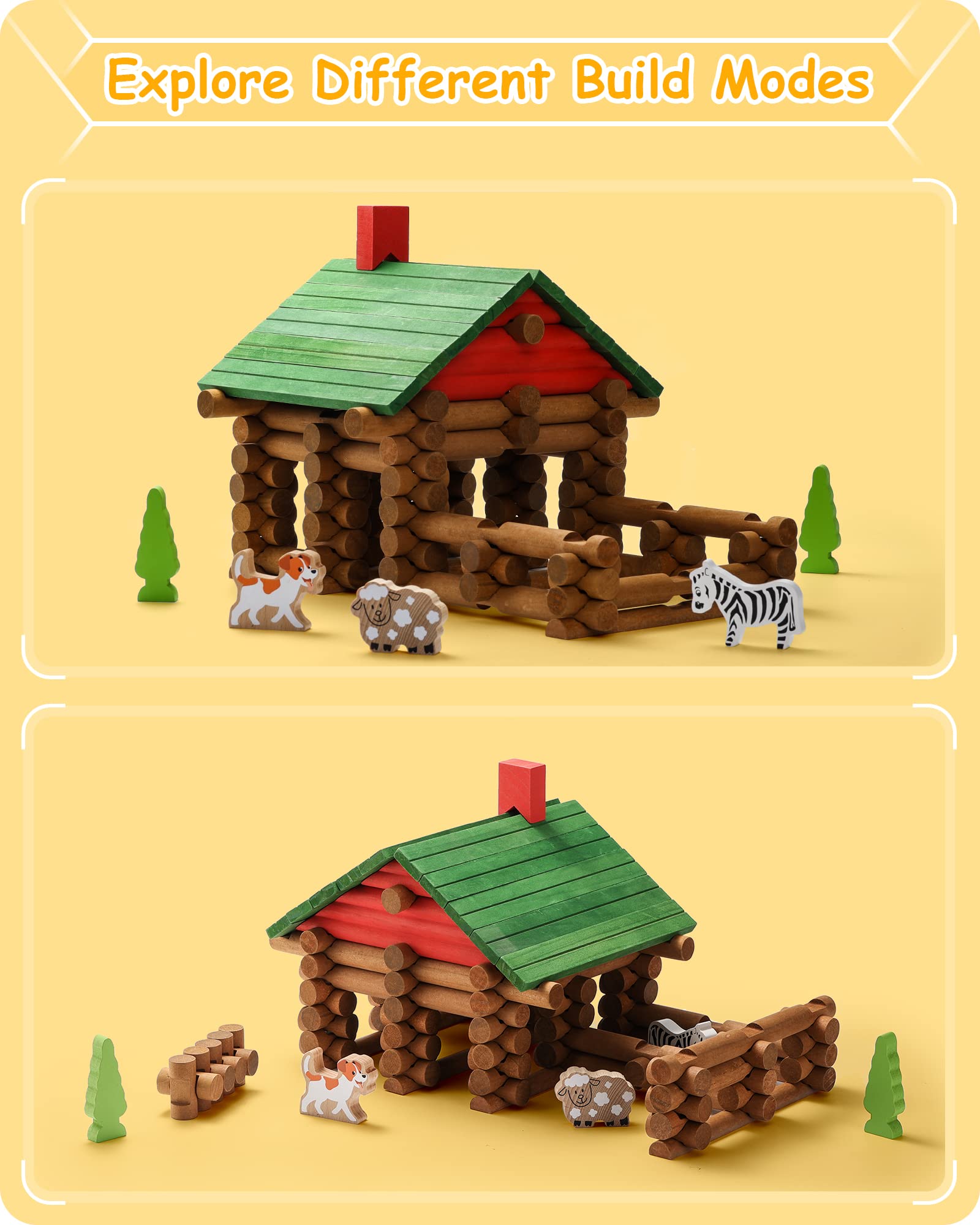 SainSmart Jr. 110 PCS Wooden Log Cabin Set Building House Toy for Toddlers, Classic STEM Construction Kit with Colorful Wood Logs Blocks for 3+ Years Old