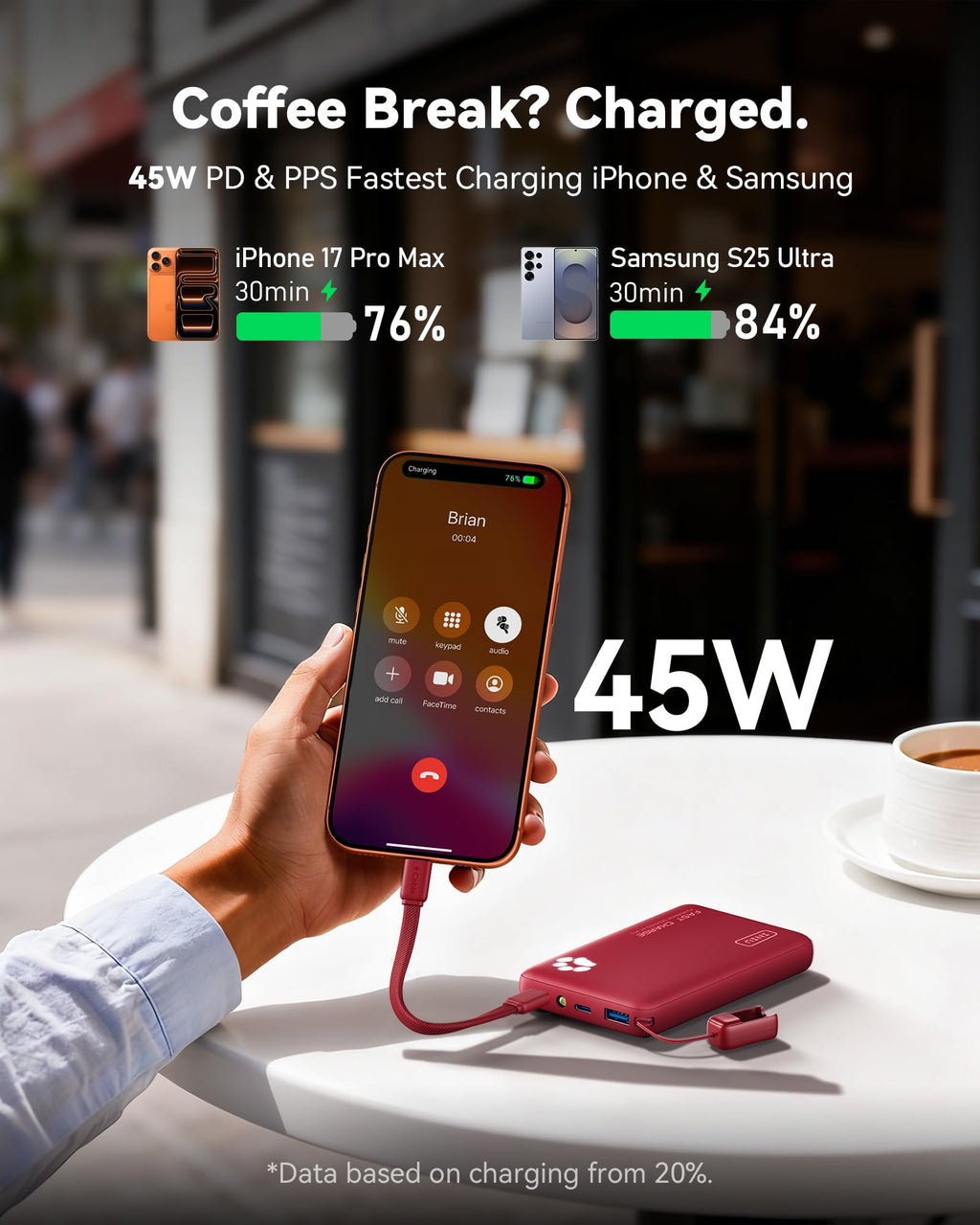 INIU 45W Fast Charging Portable Charger, 40% Smaller 10000mAh with Detachable Cable, Flight-Safe Travel Power Bank, USB C External Phone Battery Pack for iPhone 17 16 Pro iPad Samsung S26 Google etc