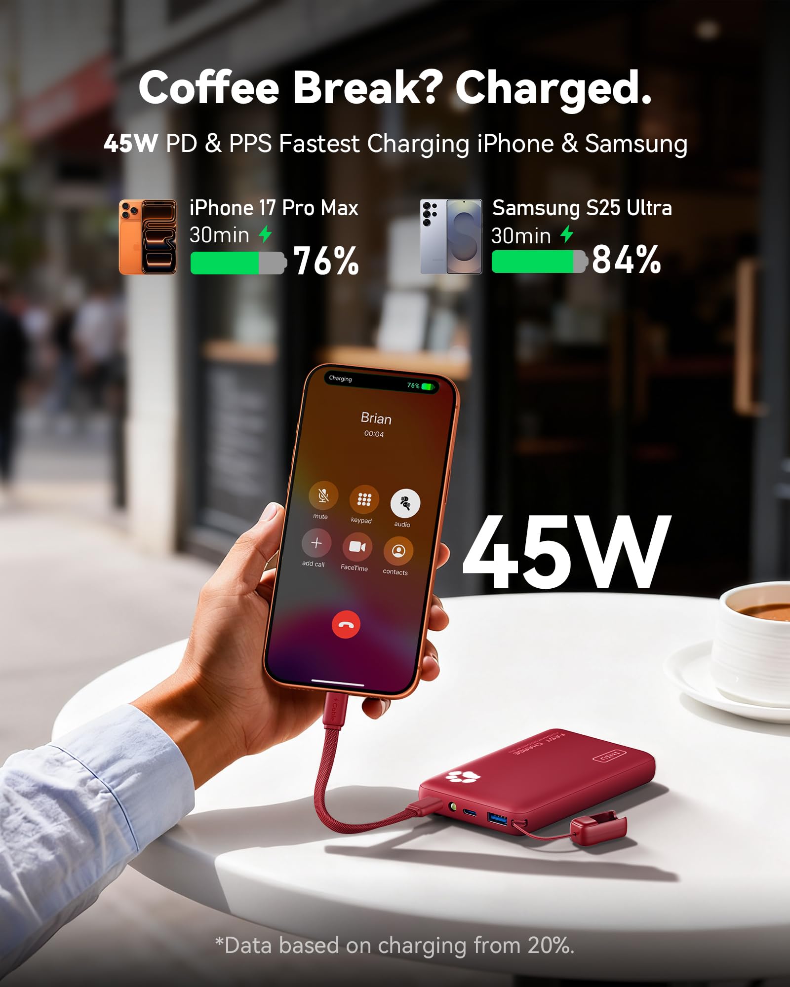 INIU 45W Fast Charging Portable Charger, 40% Smaller 10000mAh with Detachable Cable, Flight-Safe Travel Power Bank, USB C External Phone Battery Pack for iPhone 17 16 Pro iPad Samsung S26 Google etc