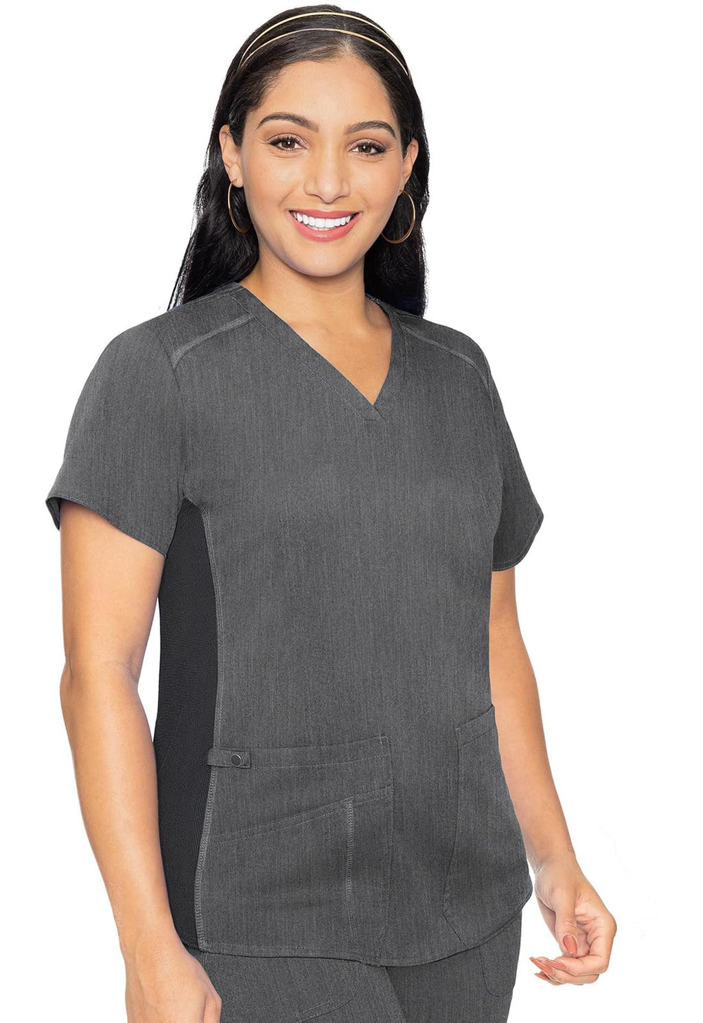 Med Couture V-Neck Scrub Top for Women with 4 Pockets, Rib-Knit Side Panel, and Shirttail Hem MC7459