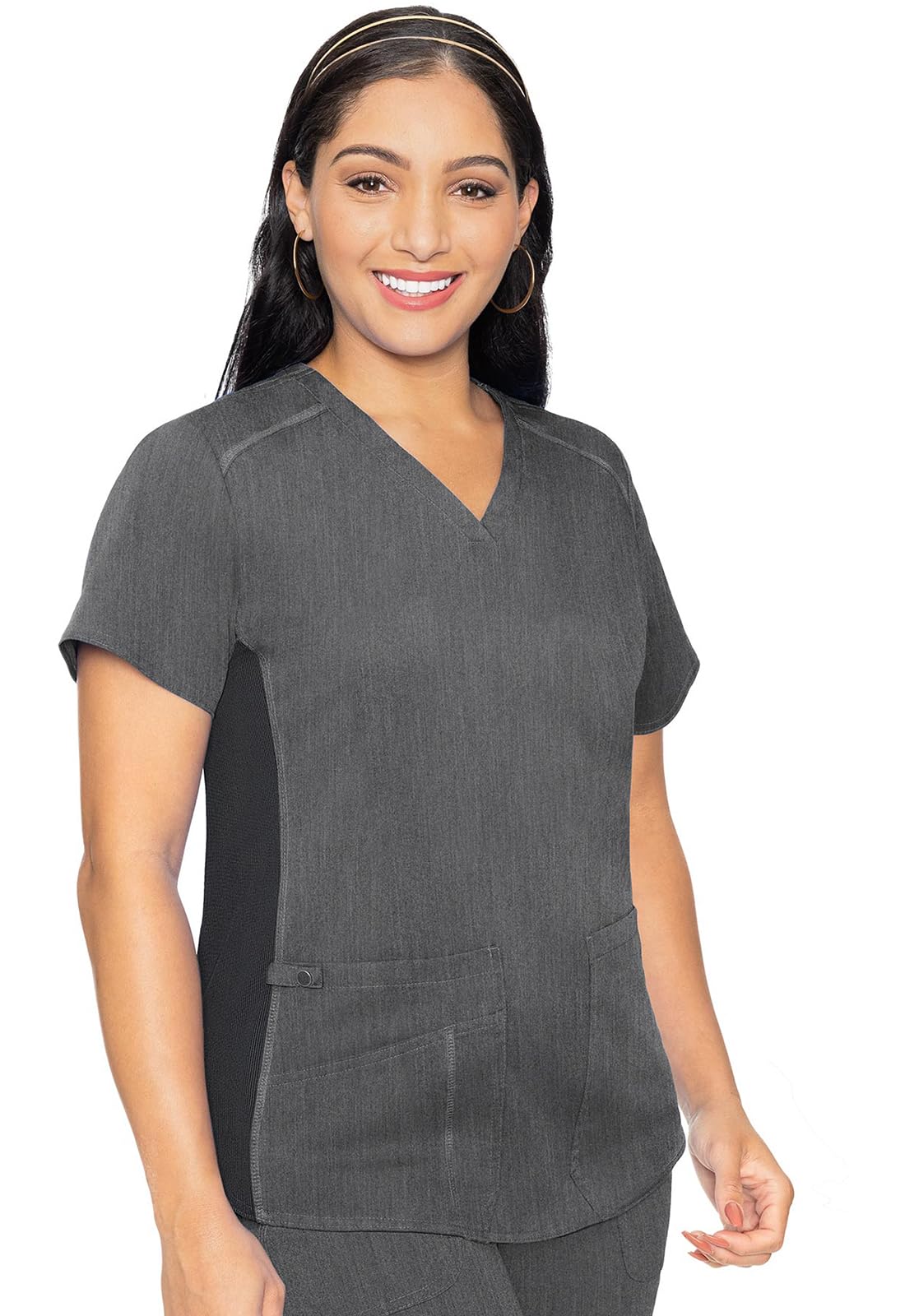 Med Couture V-Neck Scrub Top for Women with 4 Pockets, Rib-Knit Side Panel, and Shirttail Hem MC7459