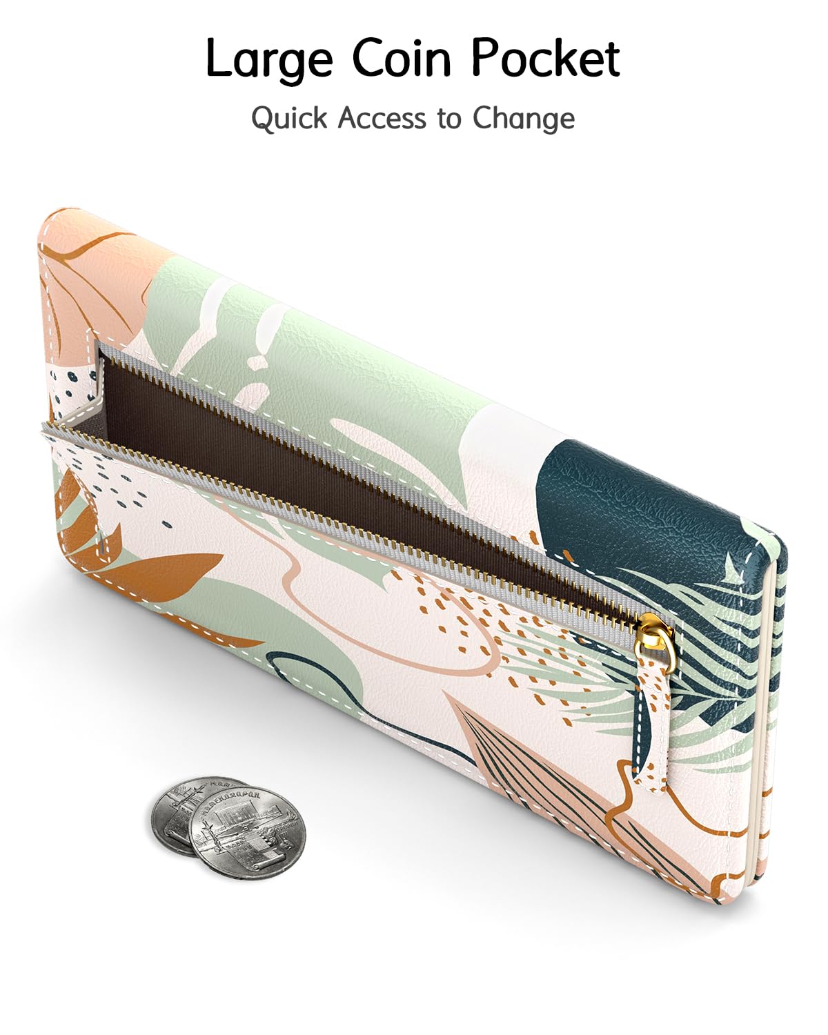 Nipichsha Womens Wallet, RFID Slim Wallets for Women, Thin Ladies Credit Card Holder Purse, Cute Leather Bifold Clutch Billfold with 11 Card Slots & ID Window, Abstract Boho Leaf