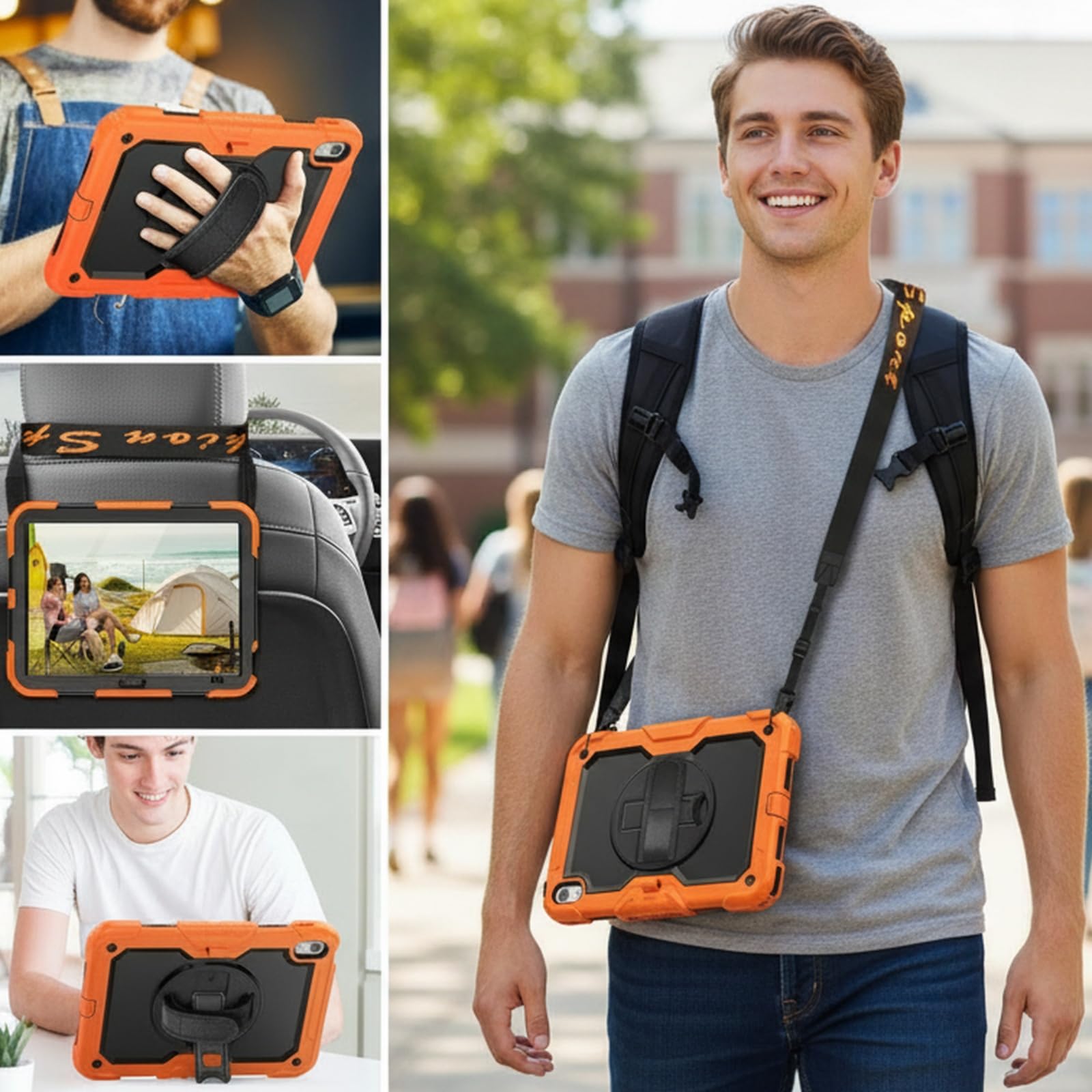 HXCASEAC Case for iPad 9th/8th/7th Generation 10.2 inch, with Pencil Holder, Screen Protector, Hand Strap, Heavy Duty Protective for iPad 9/8/7 Case 10.2-inch 2021/2020/2019, Orange