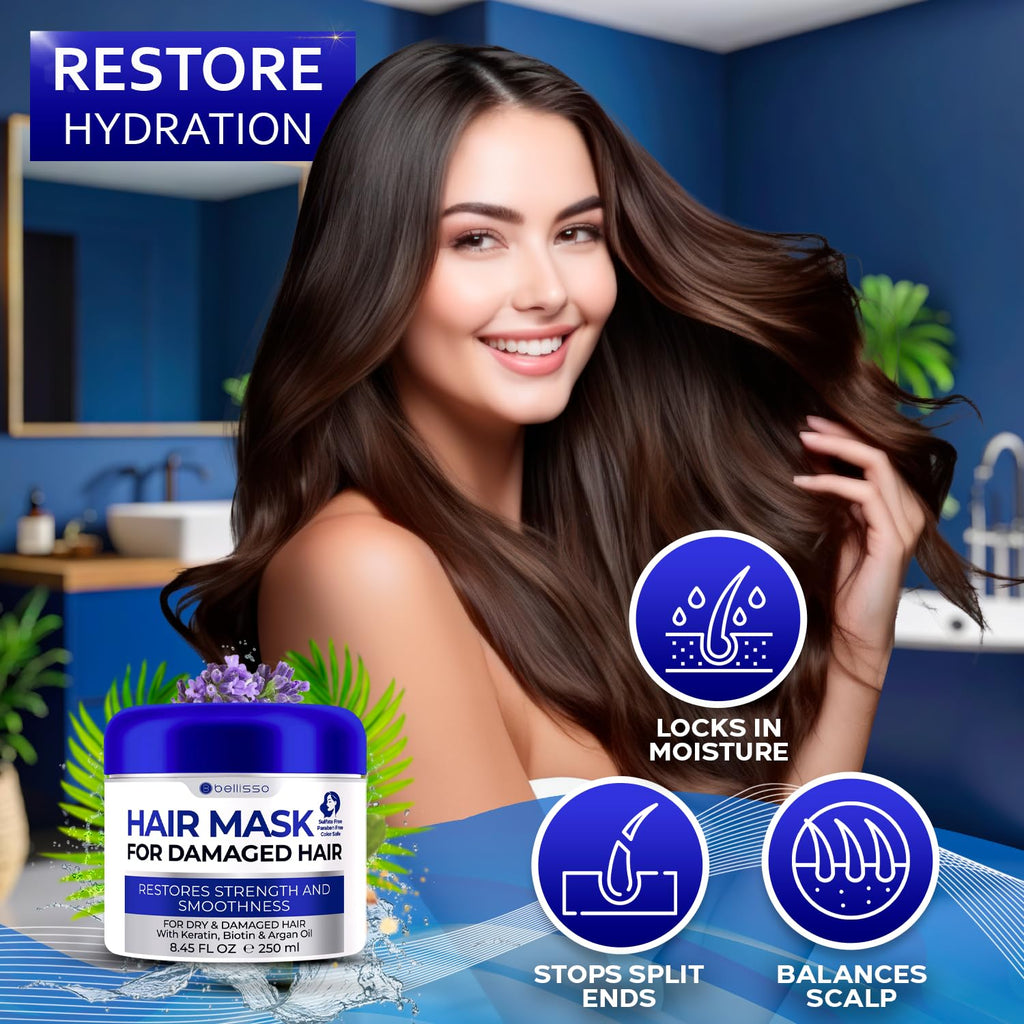 Apple Cider Vinegar Deep Conditioning Mask - Treatment for Dry Damaged Hair and Split End Repair - Sulfate Free Formula with Collagen, Keratin and Argan Oil - For Flaky Scalp and Dandruff Relief