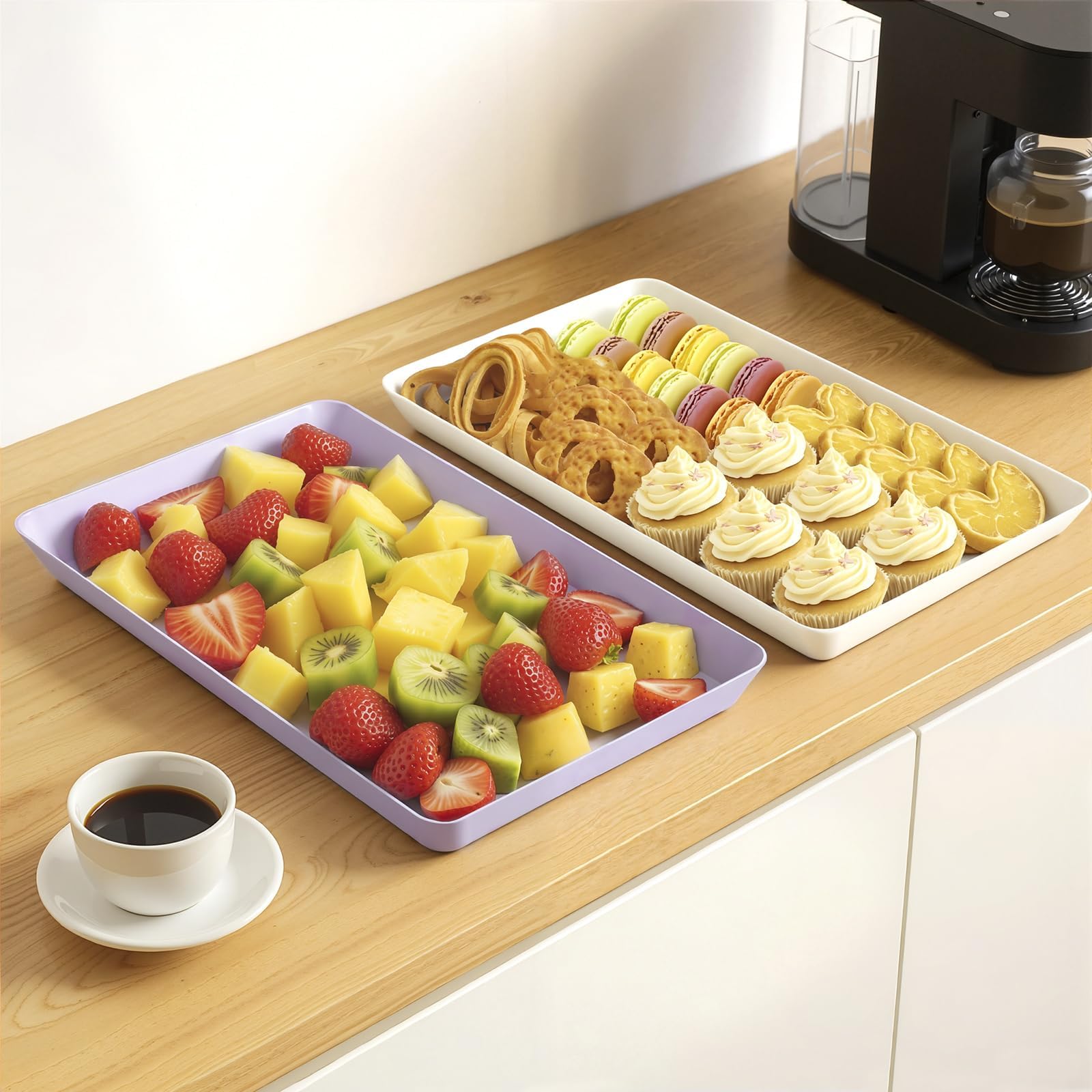 WOWBOX 4 pcs Serving Tray for Entertaining, Serving Platters for Snacks, Fruit, Cookies, Dessert, Reusable Plastic Trays for Serving Food, (White, Black, Green, Red)