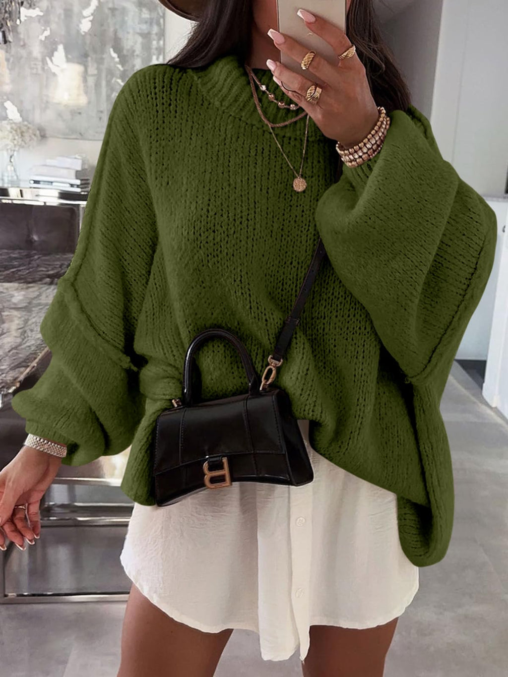 Saodimallsu Womens Oversized Sweaters Mock Neck Batwing Long Sleeve 2026 Fall Trendy Ribbed Knit Casual Tunic Sweater