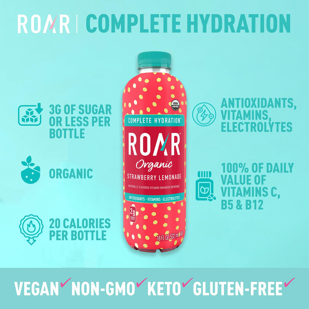 ROAR Complete Hydration Organic - Electrolyte Drinks Loaded with Vitamins C, B5, B12 - Non-GMO, Gluten-Free - Strawberry Lemonade - 12 pc