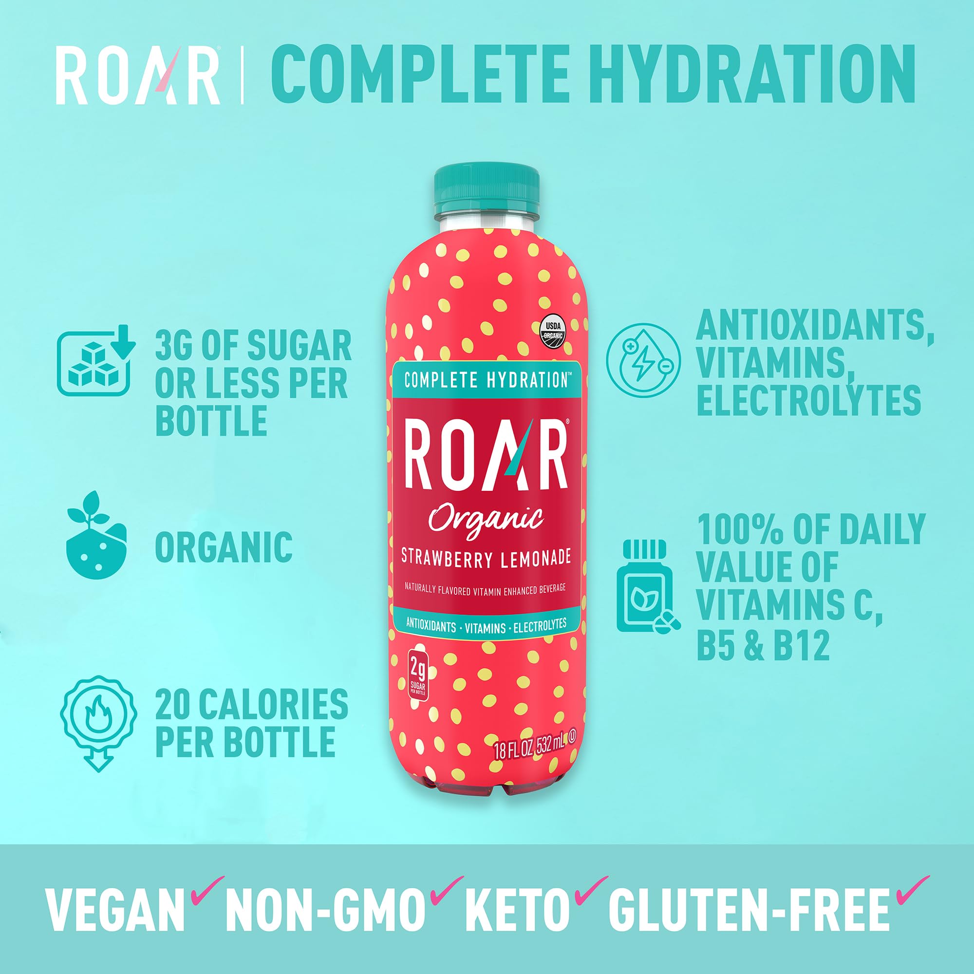 ROAR Complete Hydration Organic - Electrolyte Drinks Loaded with Vitamins C, B5, B12 - Non-GMO, Gluten-Free - Strawberry Lemonade - 12 pc