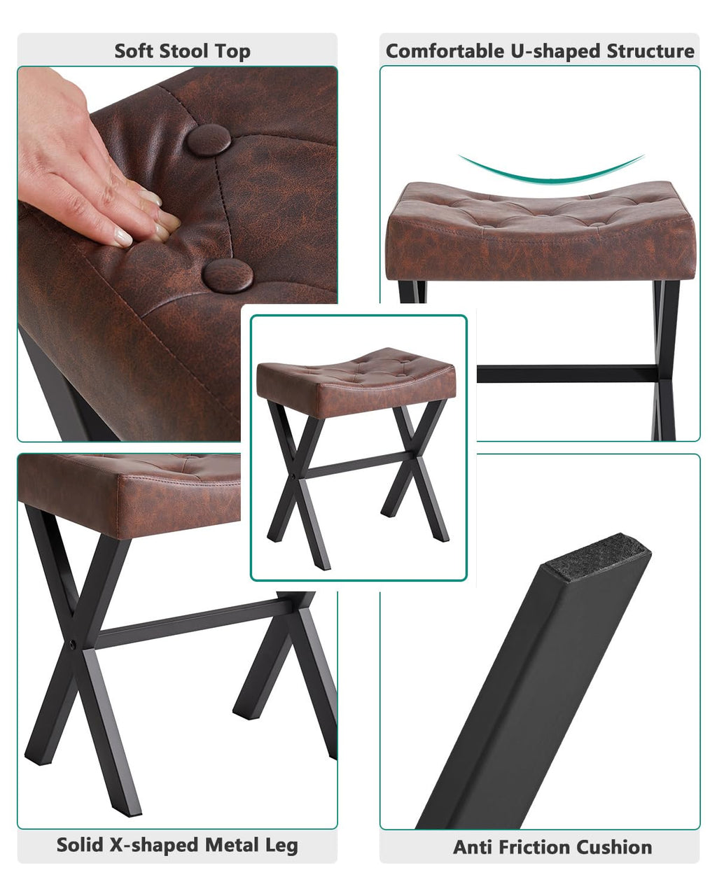 IBUYKE U-Shaped PU Vanity Stool, Square Makeup Chair with X-Leg, Ottoman Seat Footrest Stool, Multi-Use as Small Side Table, for Bedroom, Living Room, Black WBD019B