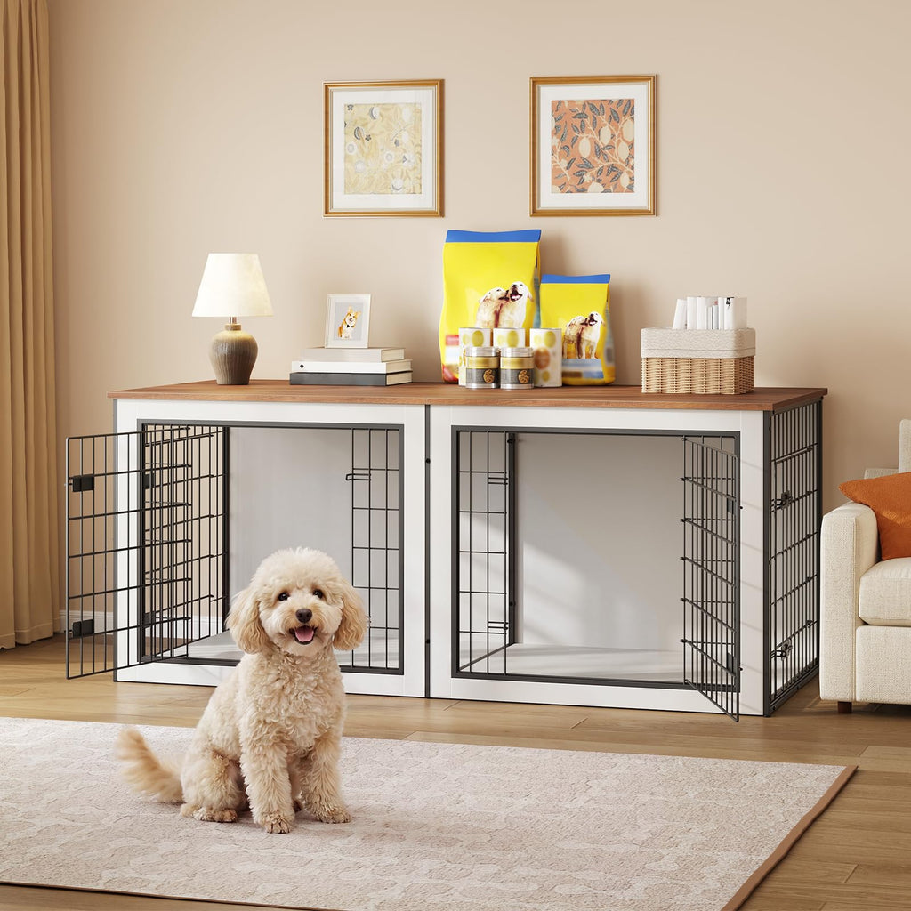HOOBRO Dog Crate Furniture for 2 Dogs, 63" Large Double Dog Crate Furniture with Divider, Wooden Indoor Kennel TV Stand for Medium Large Dogs, Rustic Brown BF55GW03