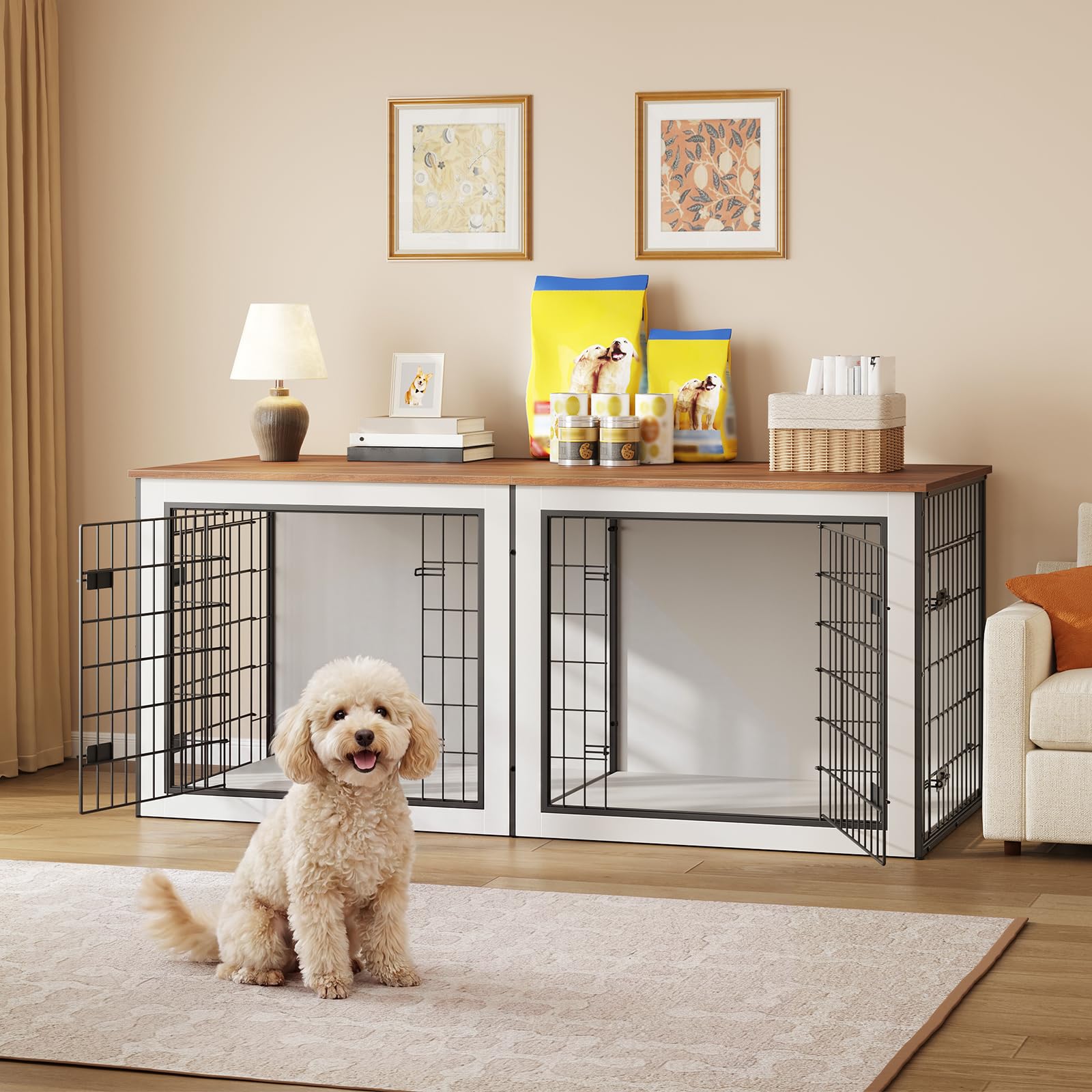 HOOBRO Dog Crate Furniture for 2 Dogs, 63" Large Double Dog Crate Furniture with Divider, Wooden Indoor Kennel TV Stand for Medium Large Dogs, Rustic Brown BF55GW03