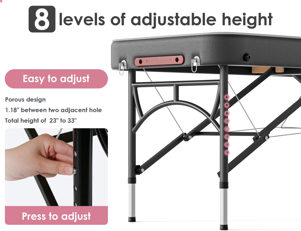 CLORIS 84" Professional Massage Table Portable Reinforced Wooden Leg 2 Folding Lightweight Spa Salon Tattoo Massage Bed Height Adjustable Hold Up to 1100LBS with Carrying Bag Black
