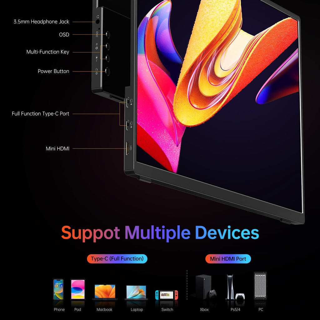 VILVA Portable-Monitor-for-Laptop 14 inch FHD 1920×1200 Built-in Stand,USB-C & HDMI Travel Monitor, HDR Dual Speakers,Ultra-Slim Plug-and-Play External Screen for PC,Mac,Phone,Gaming Consoles