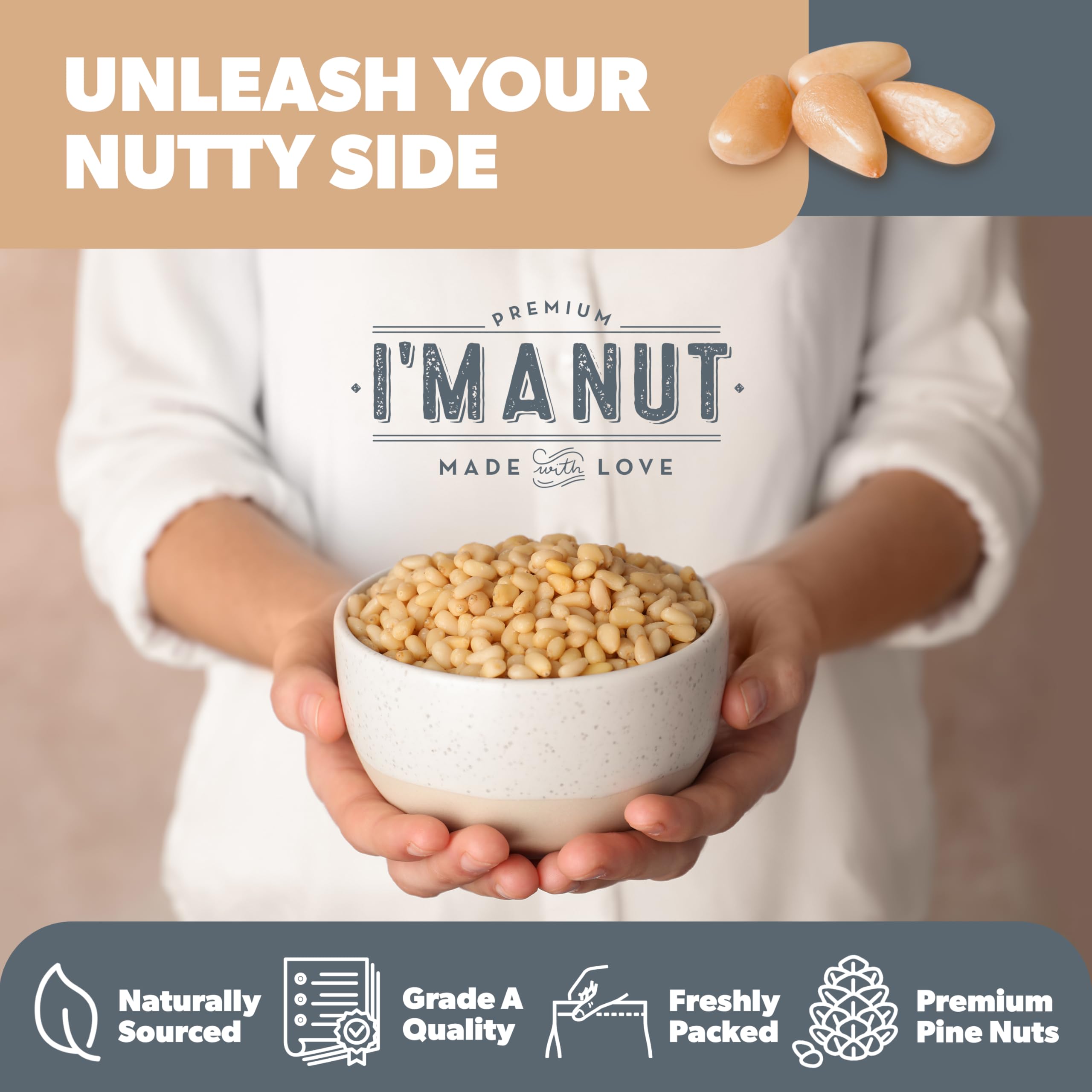Premium Raw Pine Nuts 8oz Non-GMO, No Additives Batch Tested Gluten & Peanut Free, Resealable Pouch for Freshness, Unsalted Pine Nuts - Perfect for Pesto, Salads, Gourmet Cooking and Baking
