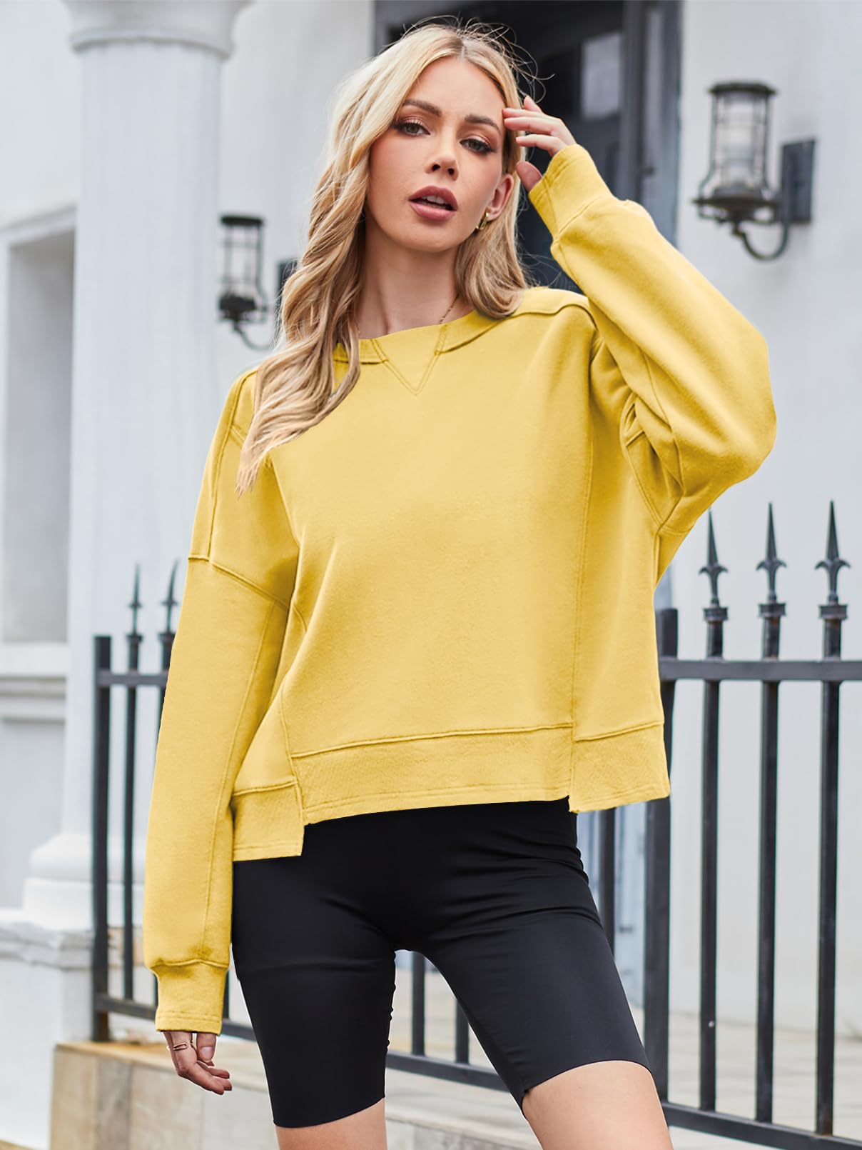 MEROKEETY Women's Oversized Cropped Sweatshirts Crewneck Trendy Workout Pullover Sweater Fall Outfits