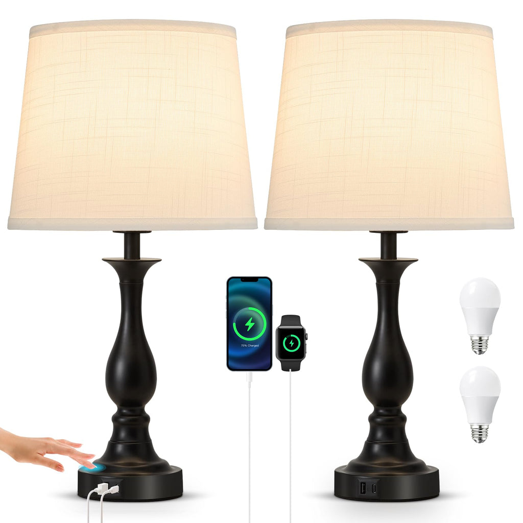 Bedside Table Lamp Touch Control Bedroom Lamps with USB A and C Charging Port 3 Way Dimmable Touch Lamps for Nightstand Living Room Bedroom Dorm Home Office Reading, Set of 2