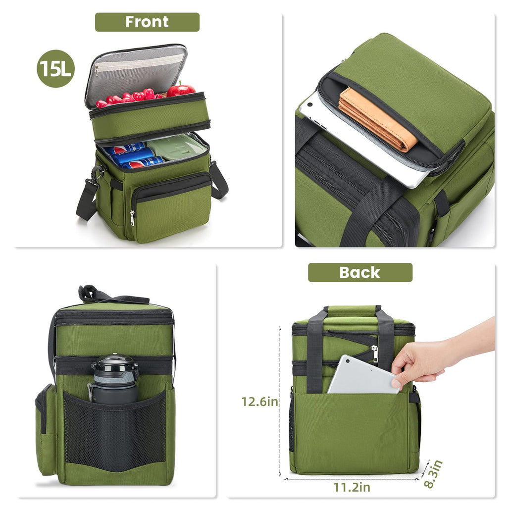 holuxer Insulated Lunch Bag & Lunch Box for Men - Double Deck Reusable Lunch Bag for Women Tote Cooler Bag Leakproof Soft Expandable - Large Lunchbox for Work/Adult/Picnic/Outdoor (Black，15L)