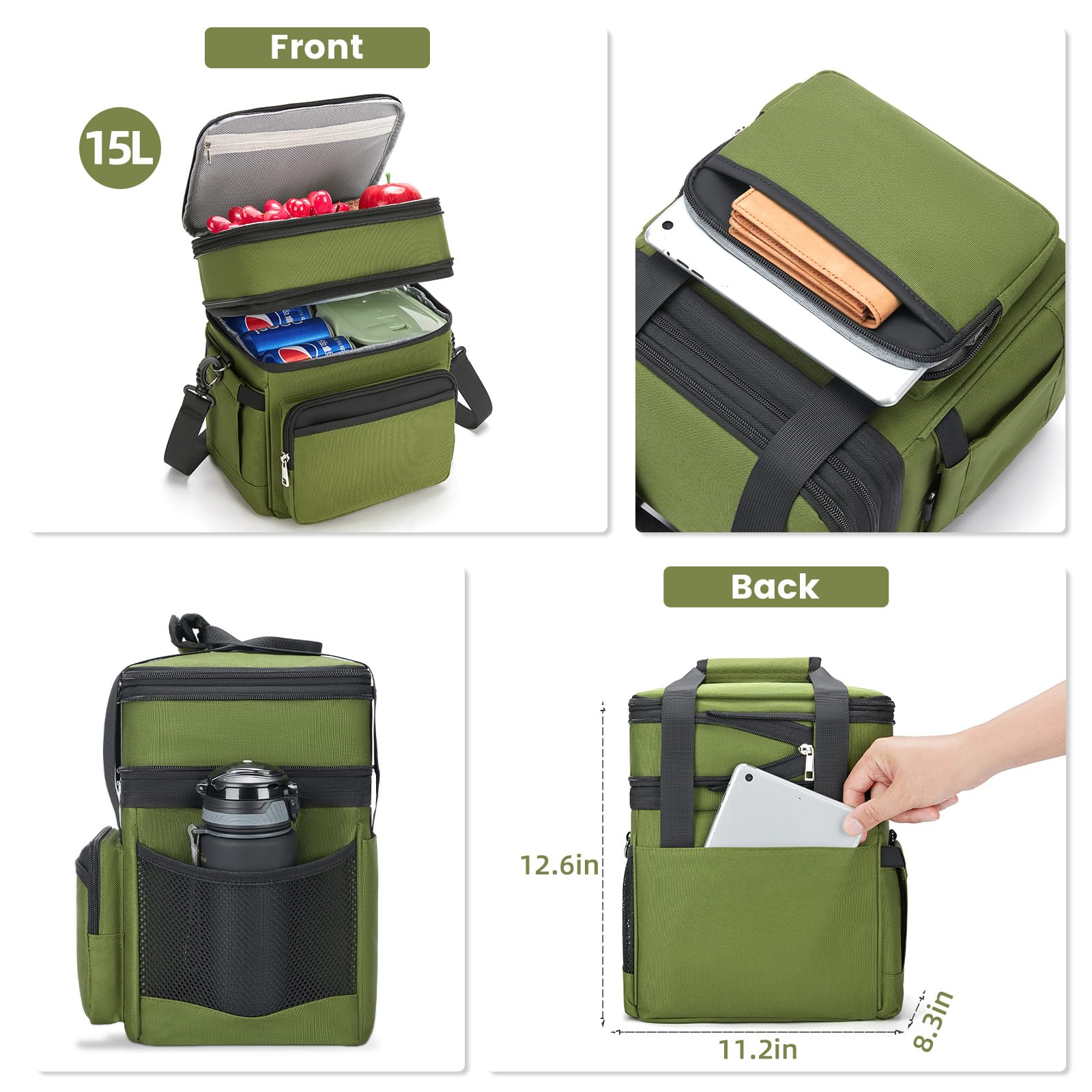 holuxer Insulated Lunch Bag & Lunch Box for Men - Double Deck Reusable Lunch Bag for Women Tote Cooler Bag Leakproof Soft Expandable - Large Lunchbox for Work/Adult/Picnic/Outdoor (Black，15L)