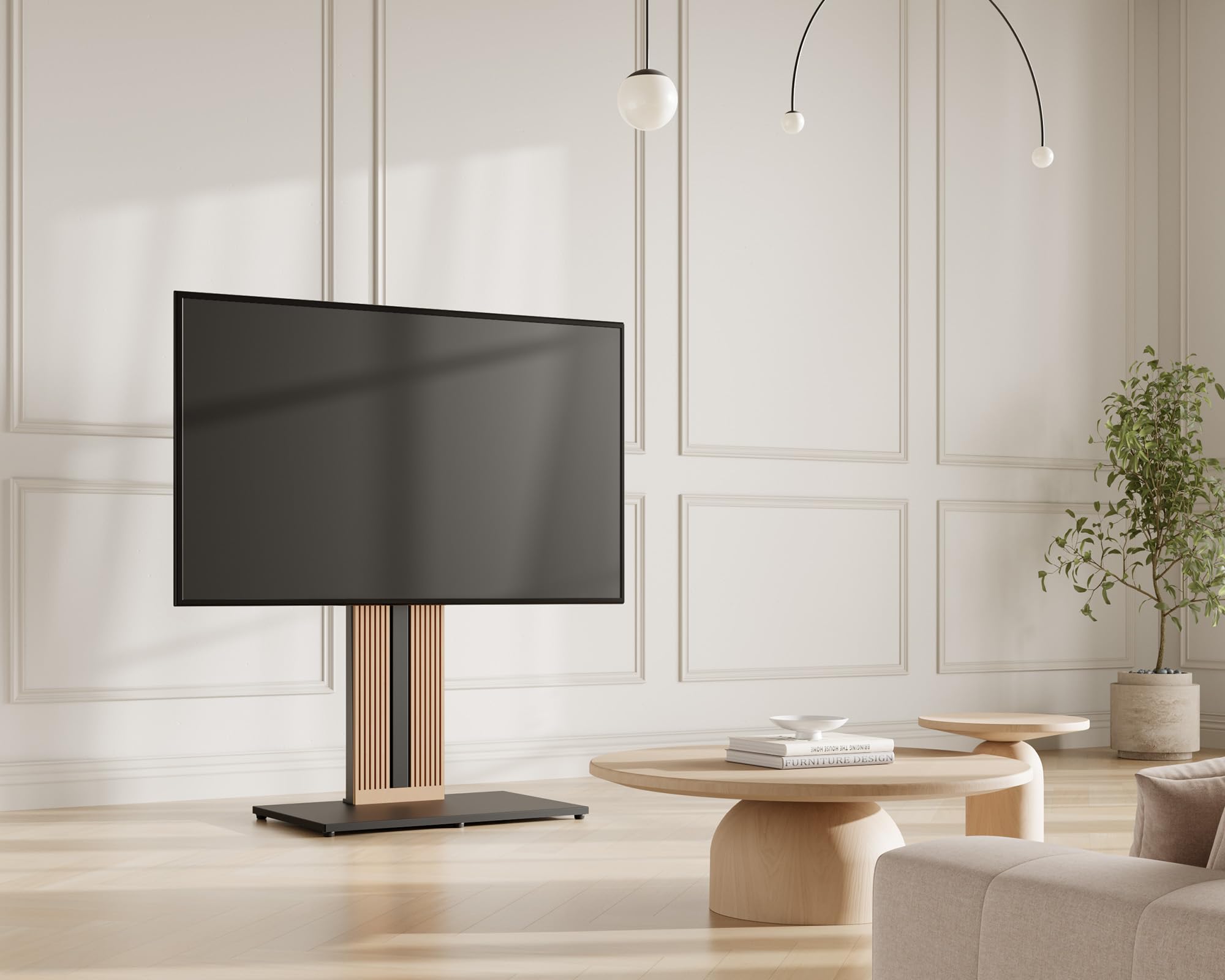 FITUEYES Wood TV Stand Swivel Mount with Hidden Back Storage for 32-65 inch TV Screens, Scandinavian Style Tall Floor TV Stand for Home Decor with Reinforced Base, Zen Series, Black