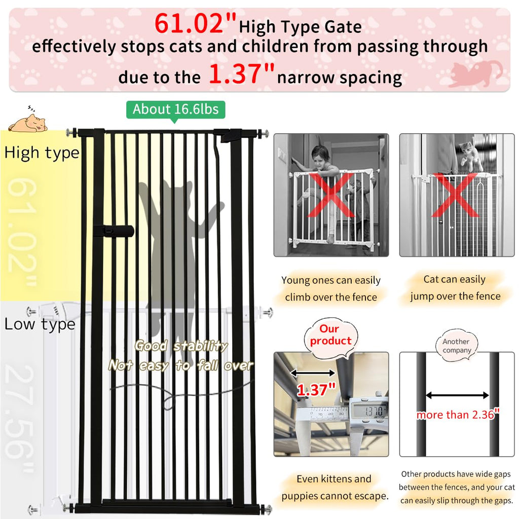Lumizone Extra Tall Cat Gate Extension Kit 55.12" High 4.13" Wide Black | Tall Pet Gate Dog Gate for Doorway Hallway Stairs Pressure Mounted Extra Wide 1.37" Gap No Drilling