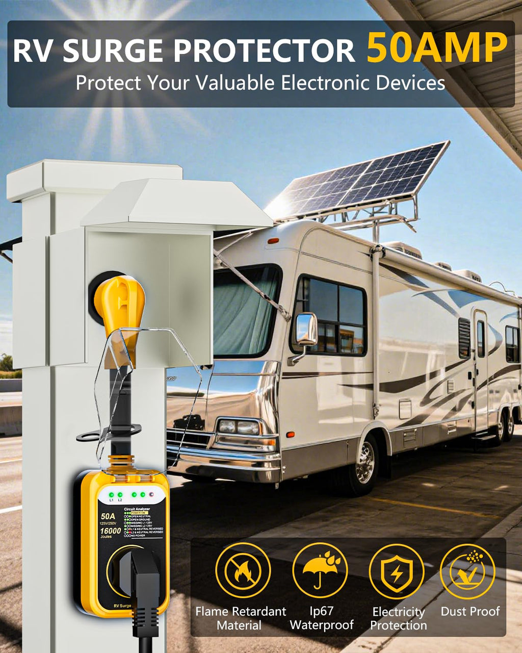 RV Surge Protector 30 Amp, 10000 Joules RV Circuit Analyzer with Waterproof Cover,RV Adapter Plug for Camper Travel Trailers (30 AMP)