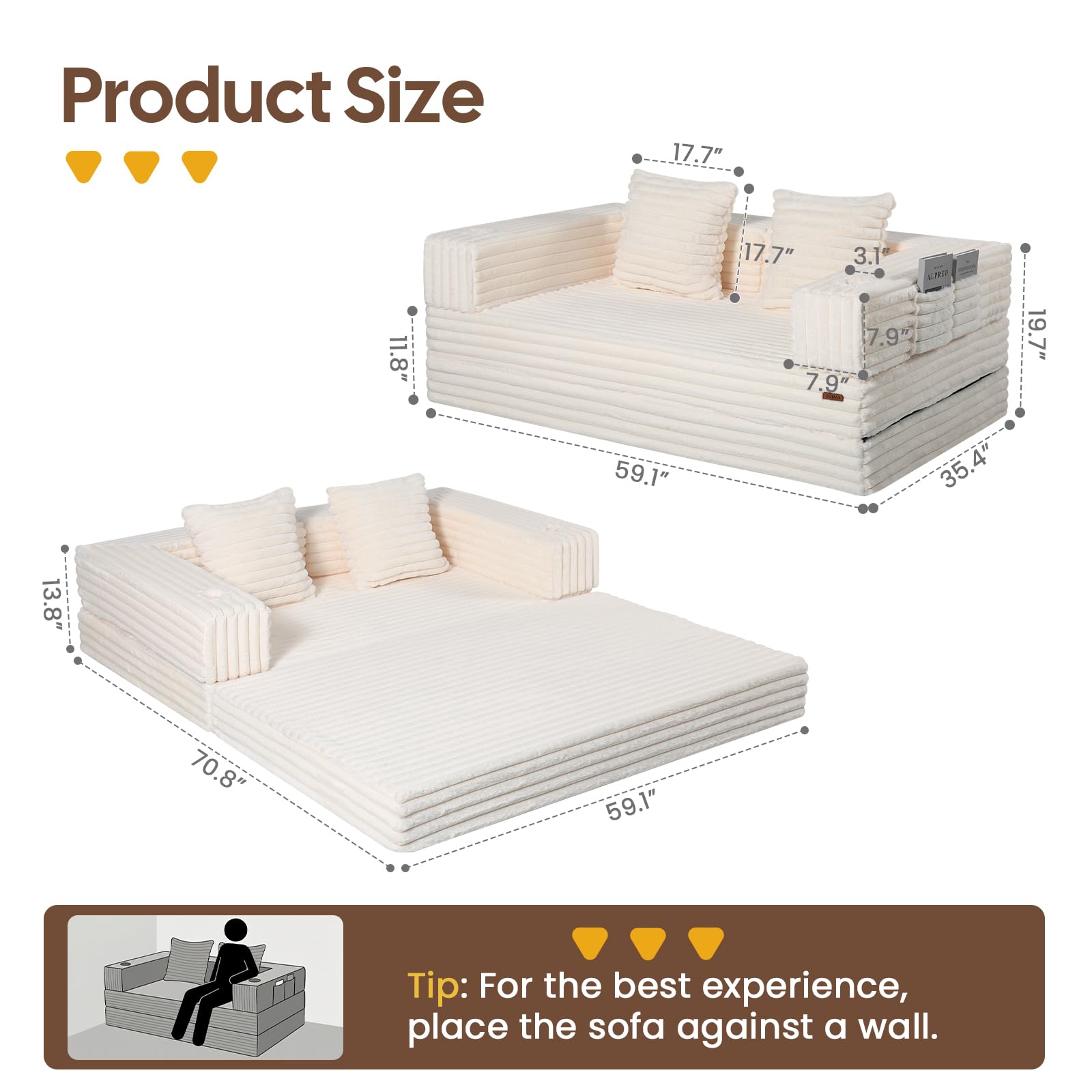 COMAX Futon Sofa Bed, 4‑in‑1 Convertible Sofa Bed, Folding Boneless Couches | Boneless Couch for living room, Fold Out Small Foldable Loveseat Floor Sleeper Mattress Lounge Space‑Saving, Ash Gray