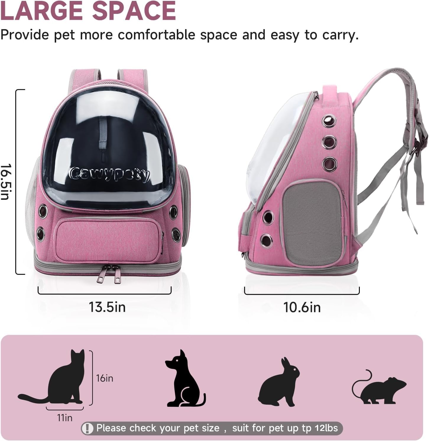 Cawypety Cat Backpack Carrier, Breathable Cat Carrier Large Space Bubble Pet Backpack for Kitty Small Dog up to 12lbs, Transparent & Foldable Pet Carrier for Travel Hiking (Black