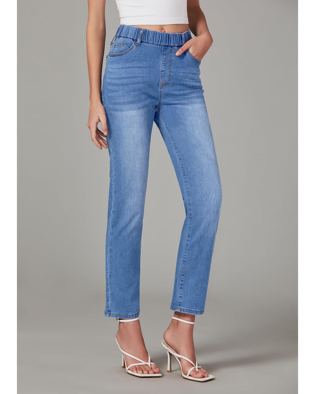 GRAPENT Straight Leg Jeans for Women Trendy Pull On High Waisted Cropped Elastic Waist Stretchy Denim Pants Ankle Jeans
