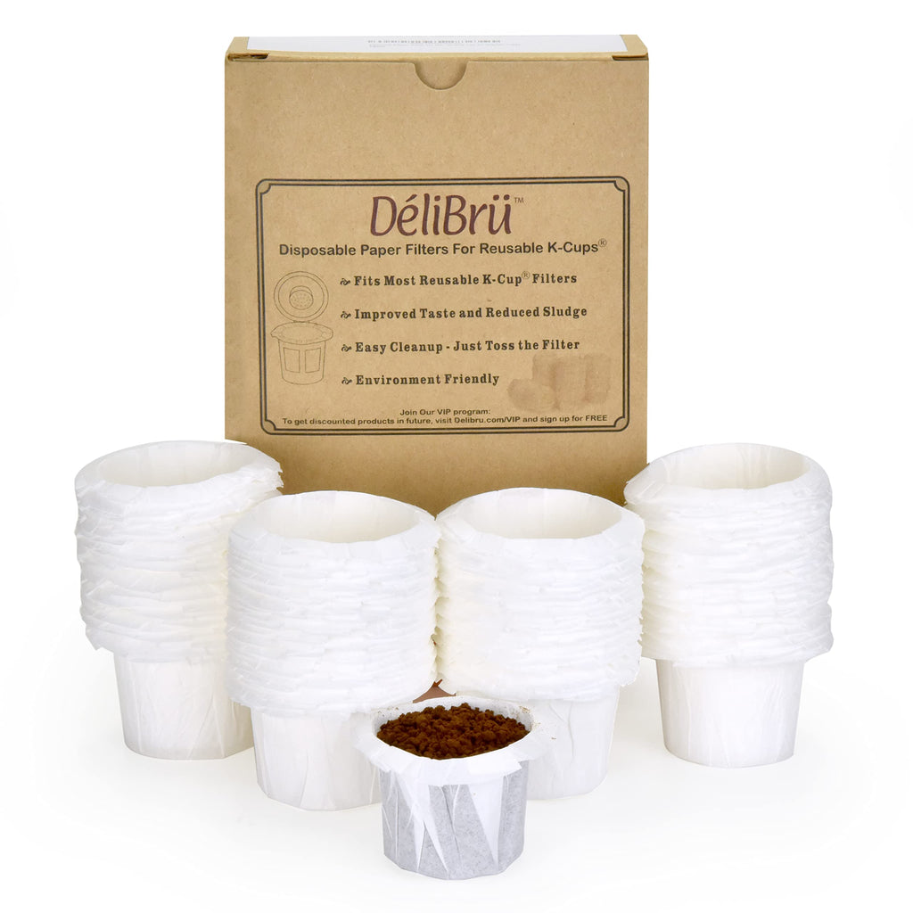 Delibru K Cup Disposable Paper Filters 100 Pack Fits With All Reusable Coffee Pods - Compostable and Disposable Coffee Filters for Keurig Single Cup