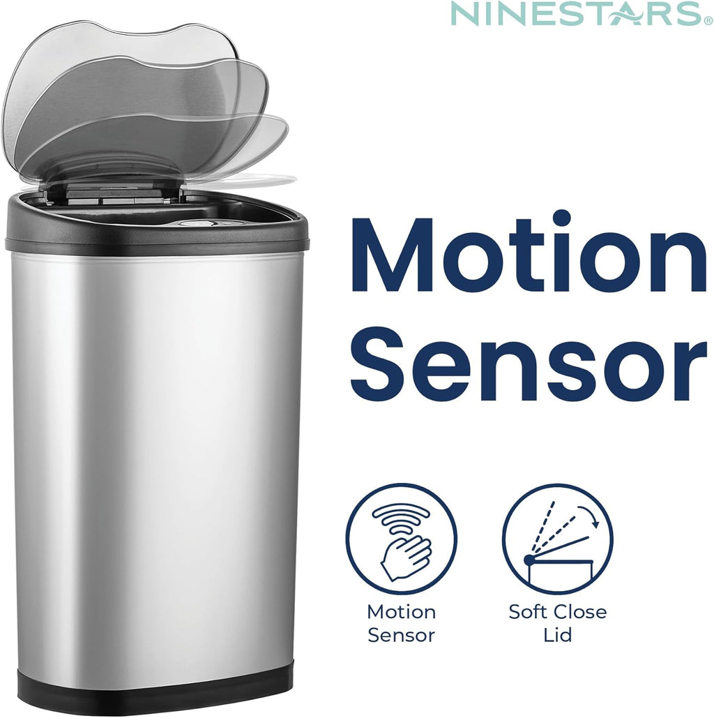 Ninestars DZT-50-13R Automatic Touchless Dual Compartment Motion Sensor Trash Can/Recycler, 13 Gal 50L, Stainless Steel Base (Oval, Black/Silver Lid)